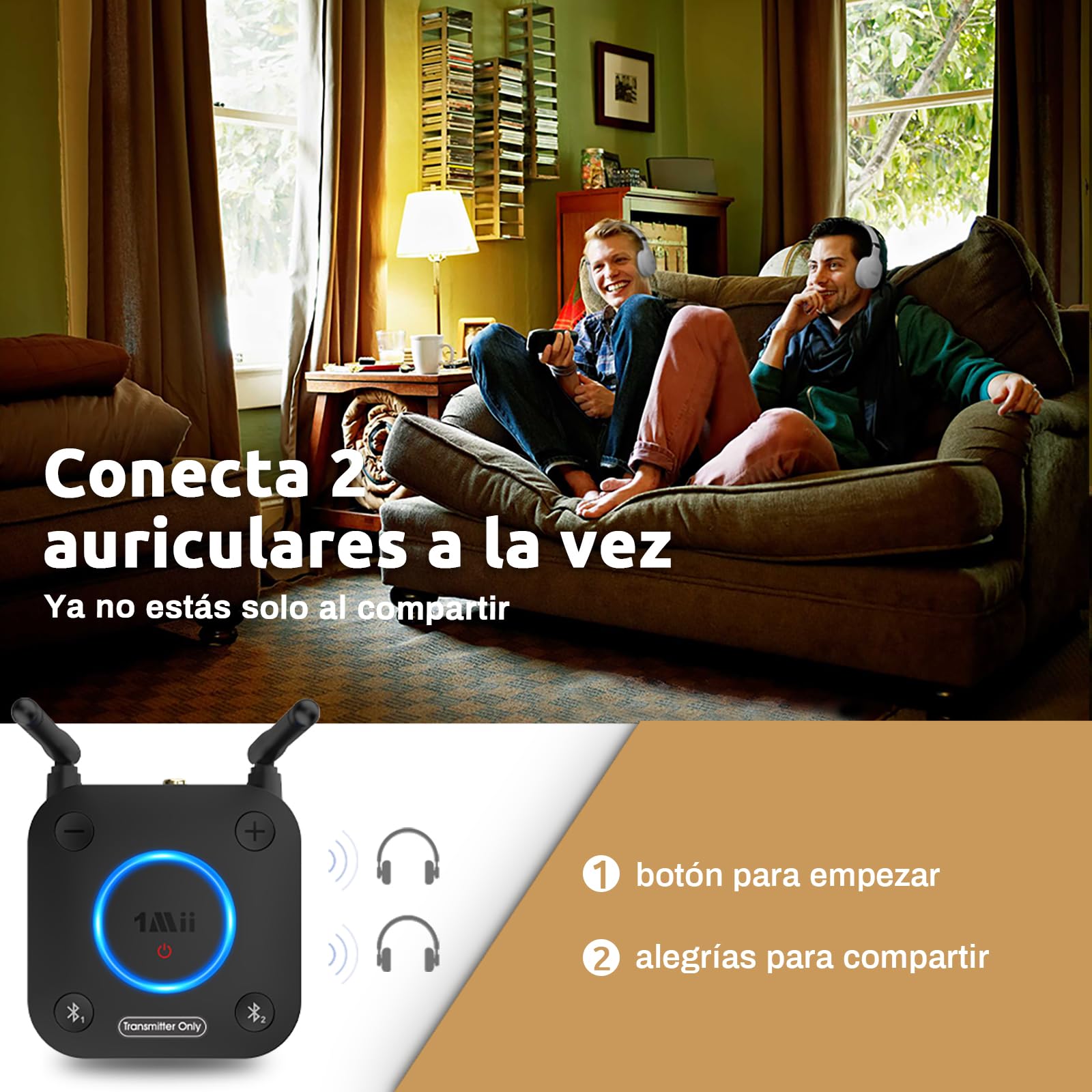 1Mii B06TX Transmisor Bluetooth 5.3 para TV a 2 Auriculares Bluetooth, Adaptador Audio TV con Control de Volumen, Entrada Óptica, Coaxial, AUX/RCA, aptX Baja Latencia/HD, Largo Alcance