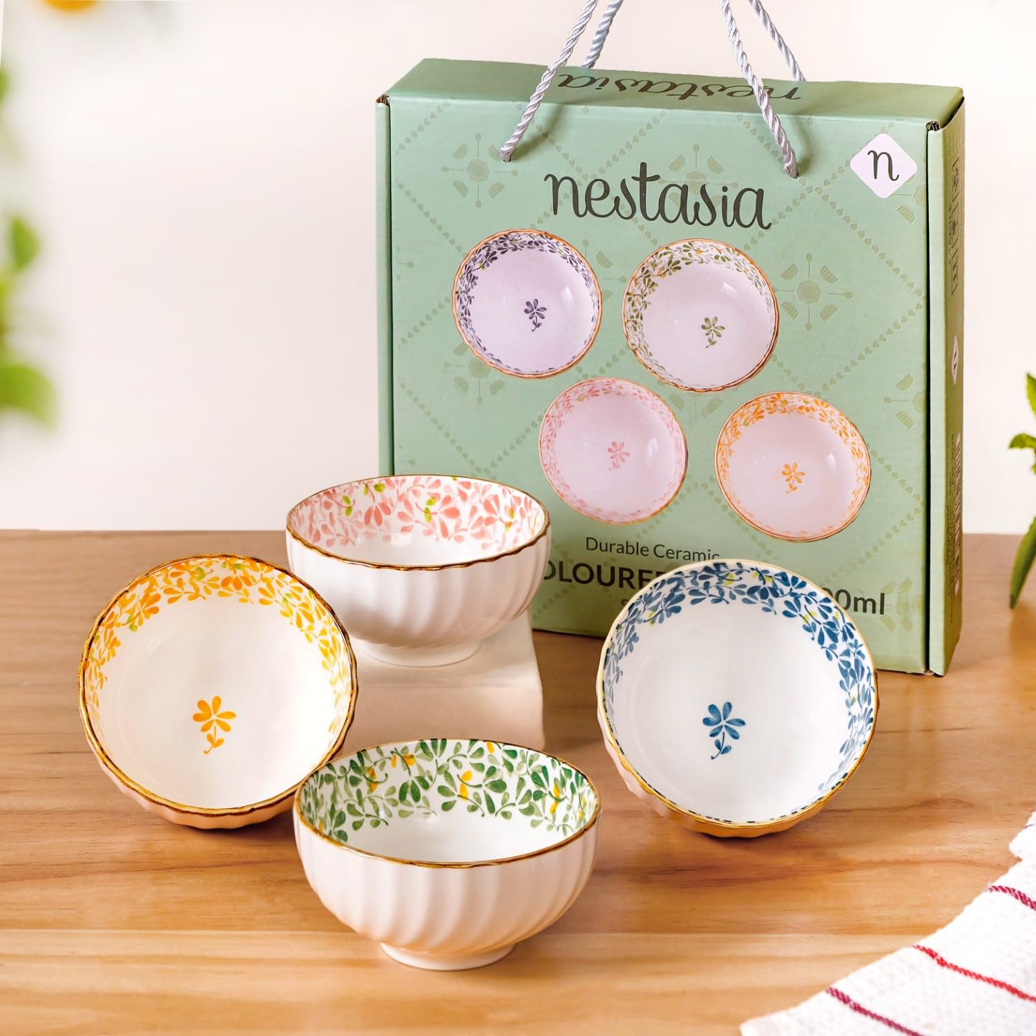 Nestasia Ceramic Snack Bowl Set of 4 (300ml Each) - Dishwasher & Microwave Safe Bowls for Serving Soup, Rice, Dal, & Salad | Botanical Printed Bowls with Glossy Finish - Ideal for Gifting