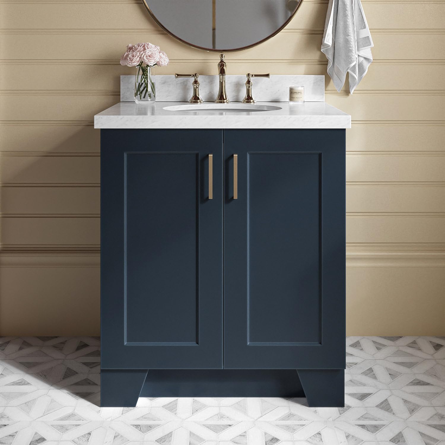 ARIEL Taylor 30-inch Bathroom Vanity with Sink,Solid Wood, 1.5-inch Italian Carrara Marble Countertop, Single Rectangular Porcelain Sink, 2 Soft Closing Doors, 1 Dovetail Drawers, Midnight Blue