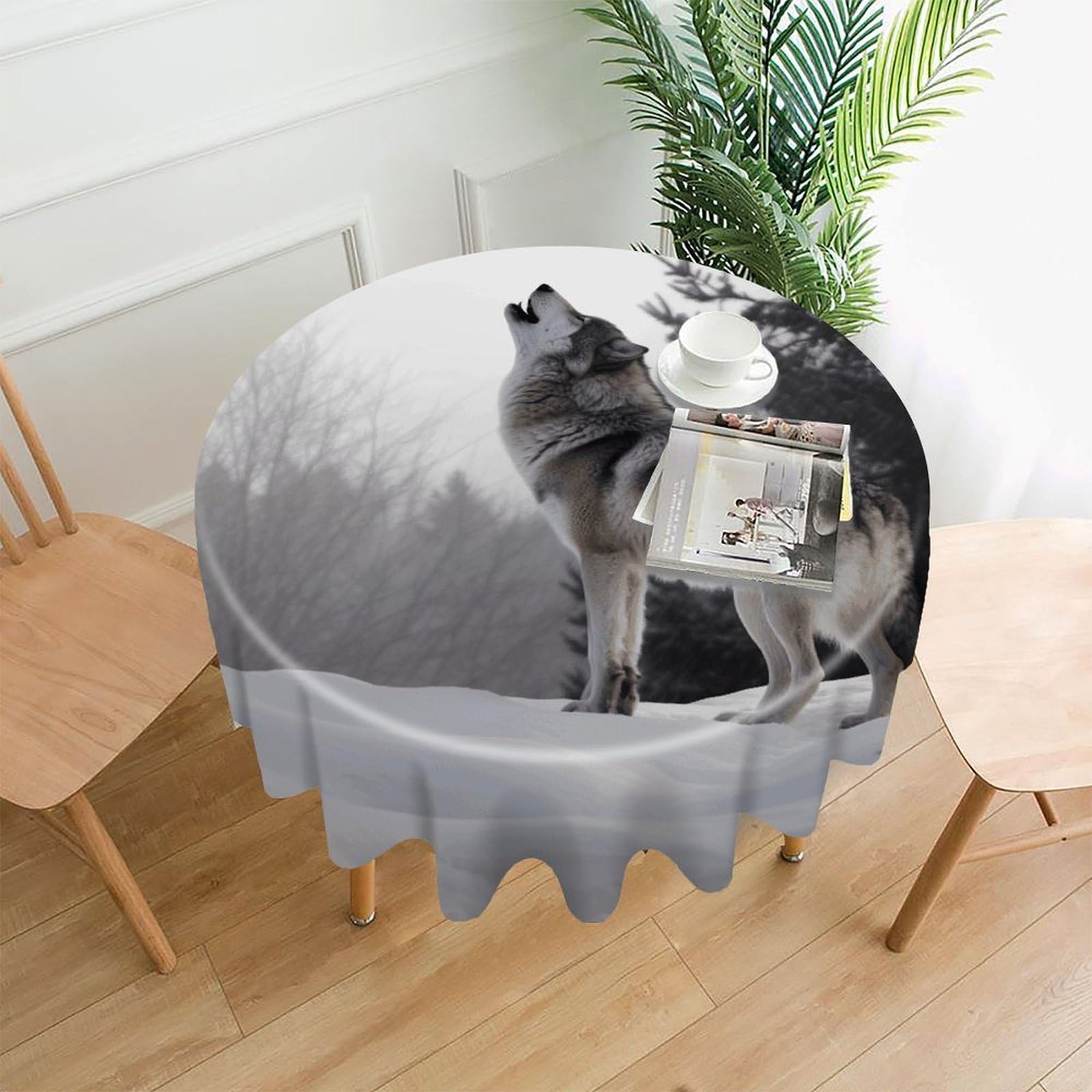 Howling Wolf Tablecloth Exquisite Wrinkle-Free Straight-Edge Round Table Cloth Anti-Fading Premium Polyester Tablecloth Waterproof Folding Table Cloths for Tables Decor