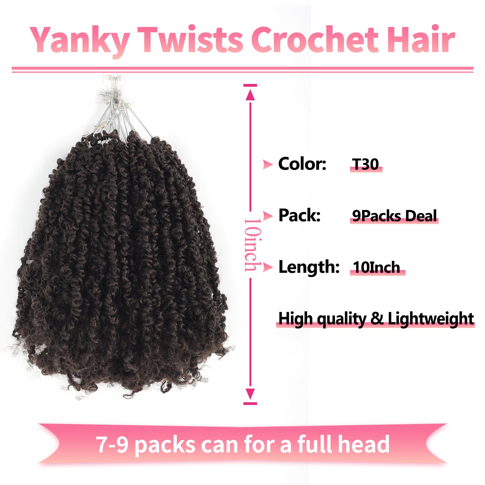Alaleibaby 9 Packs Yanky Twist 10 inch Crochet Hair Pre-Twisted Curly Braiding Hair Extensions Pre-looped brown Yanky Twists Hair with Curls (T30# - Image 2