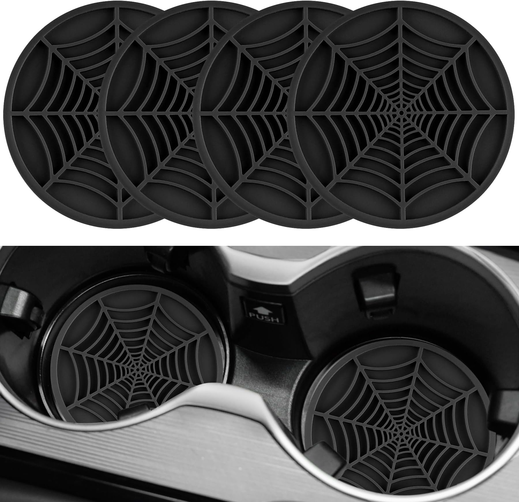 Alpmosn 4PCS Spider Web Car Coasters for Cup Holders, Halloween Funny Non-Slip Silicone Insert Ornaments Coasters, Automotive Cupholder Goth Accessories for Men & Women(Black)