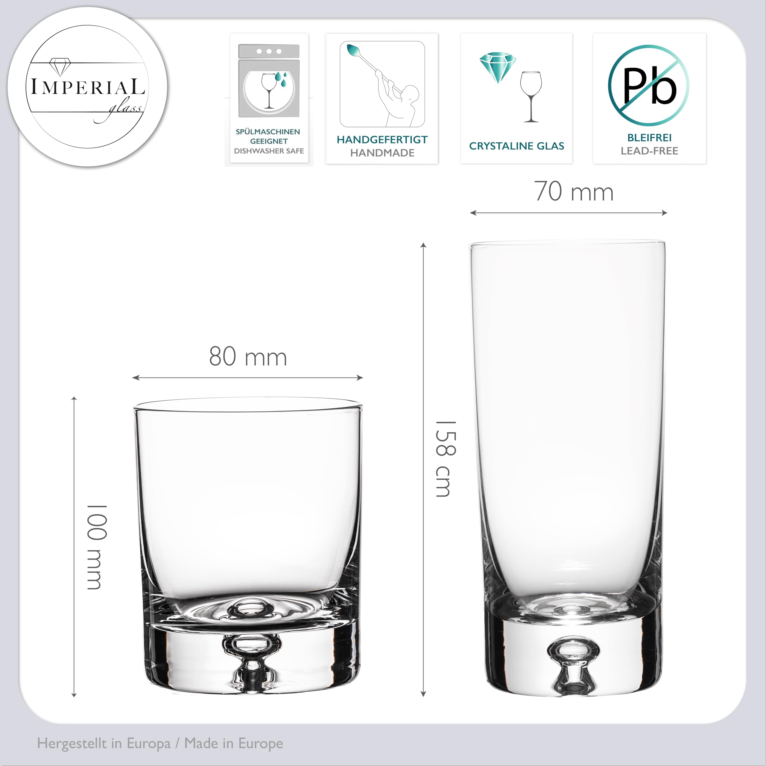 Gläser Set – Trinkgläser aus Crystalline Glas – 6 Longdrinkgläser 370ml & 6 Tumbler 300ml Lissabon – Wassergläser mit Luftblase im Boden Handmade