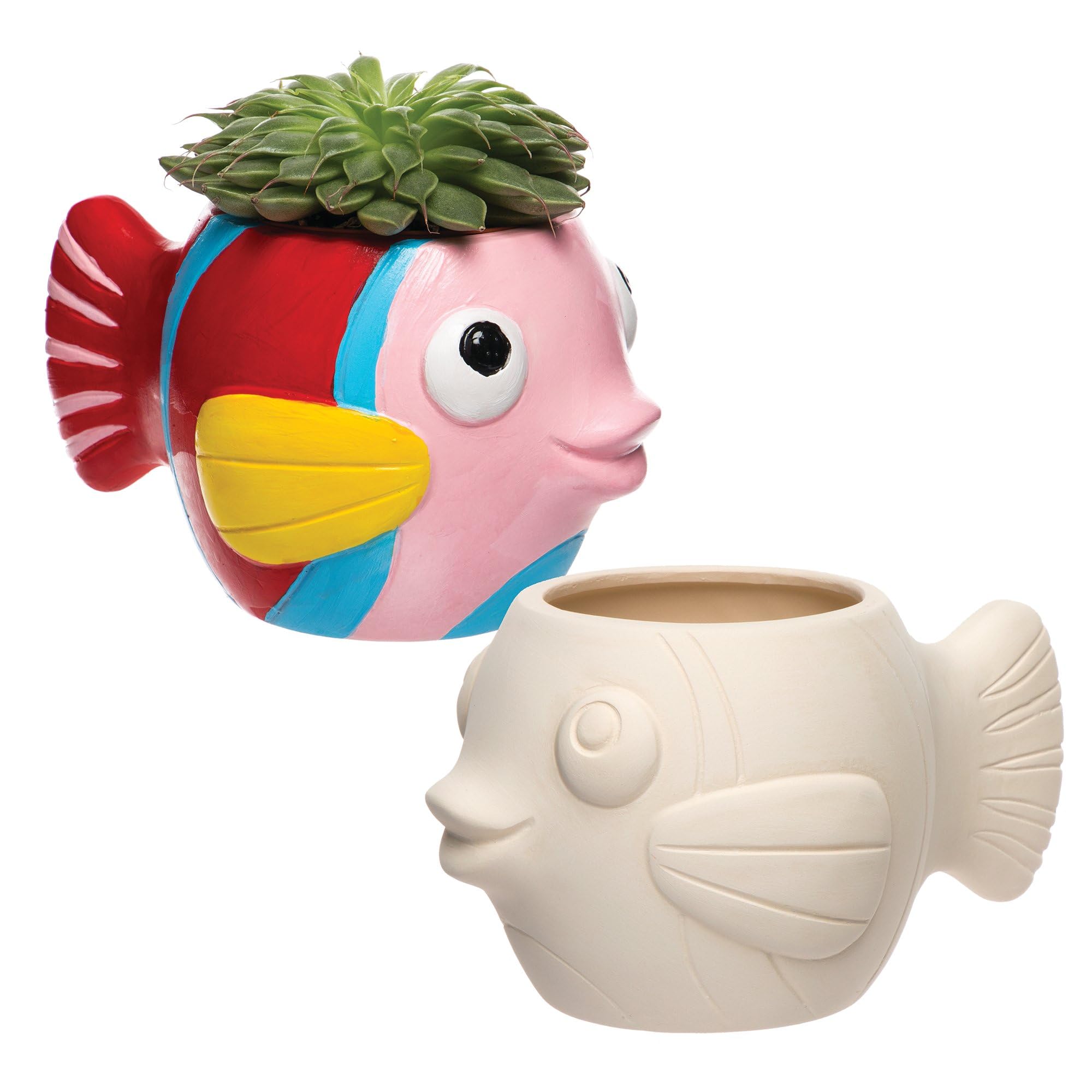Baker Ross AR523 Lot de 2 Pots de Fleurs en céramique prêts à Peindre pour Enfants en Forme de Poisson