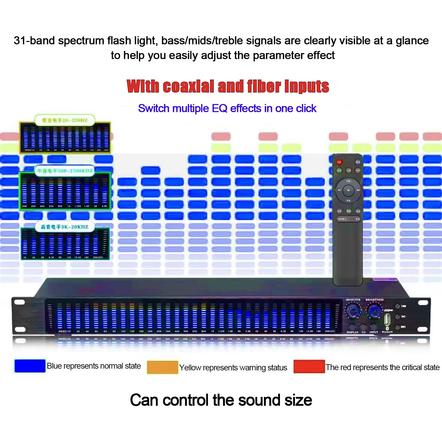 Processore di equalizzazione musicale, analizzatore di spettro digitale a 31 bande con telecomando e display LCD, riduzione intelligente del rumore per palcoscenico e KTV