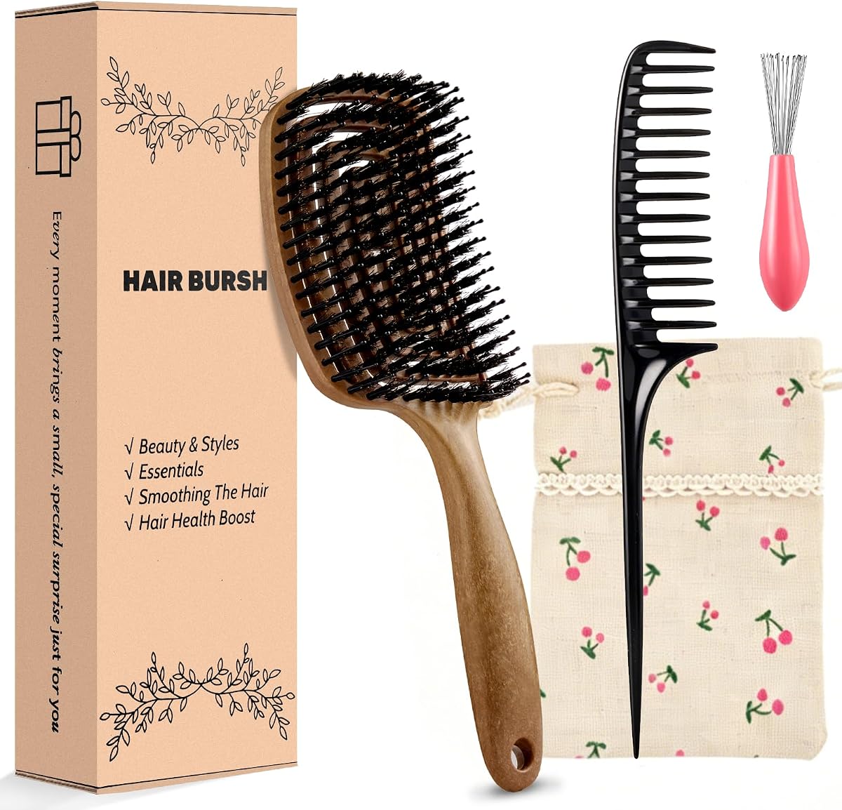 Curved Vented Detangling Hair Brush for Curly Hair | Soft Boar Bristles for Women Men,Wet and Dry Styling, Faster Blow Drying,For Thick Curly Fine Straight Hair, Travel-Friendly