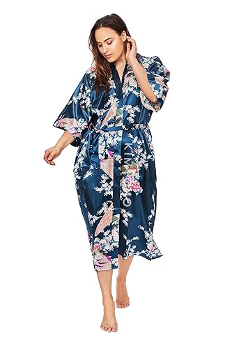 KIM+ONO Plus Size Women's Satin Kimono Robe Long - Floral - One Size Plus - Peacock & Blossoms - Sapphire