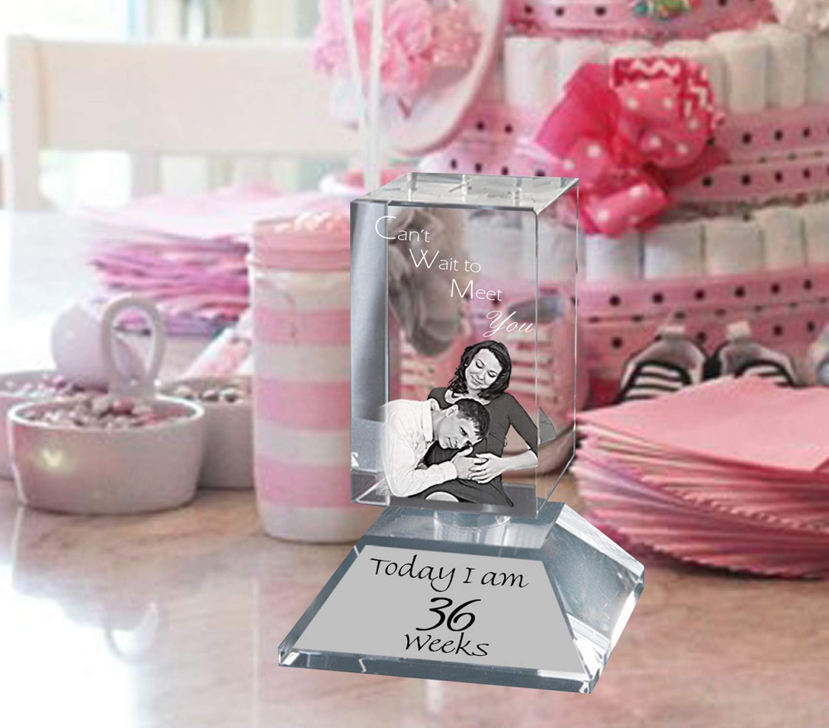 Personalized Laser Engraved Photo Glass Block, Custom Etched Crystal Paperweight as a Family Present, Pregnancy Milestone