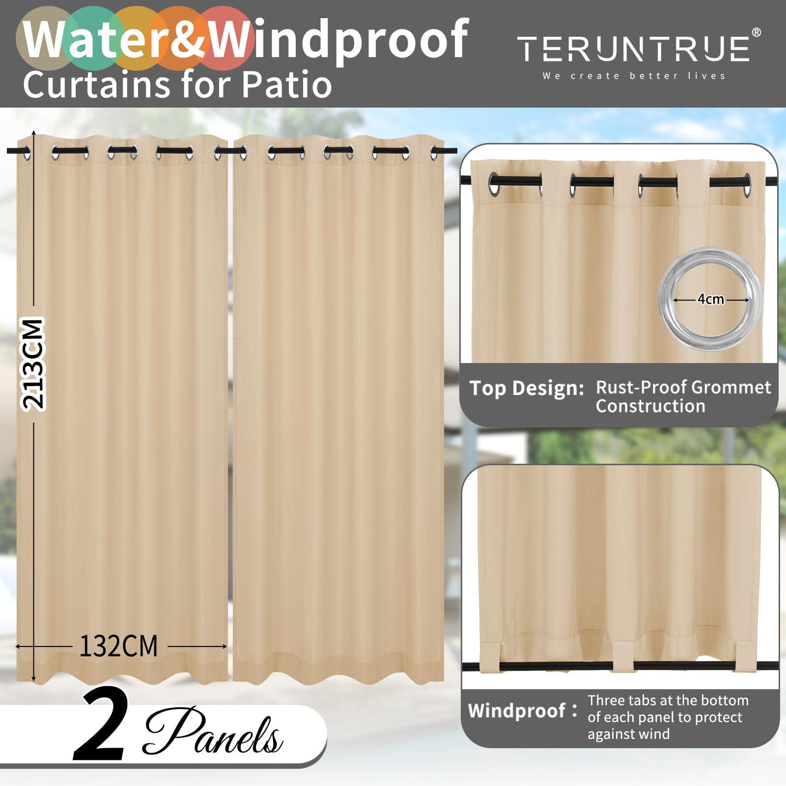 Teruntrue Rideau Extérieur Lot de 2 Rideau pour Pergola Occultant Résistant aux Intempéries avec Oeillet, Rideaux pour Tonnelle, Balcon, Terrasse, Rideaux avec Passants en Bas, H213 x L132 cm, Beige
