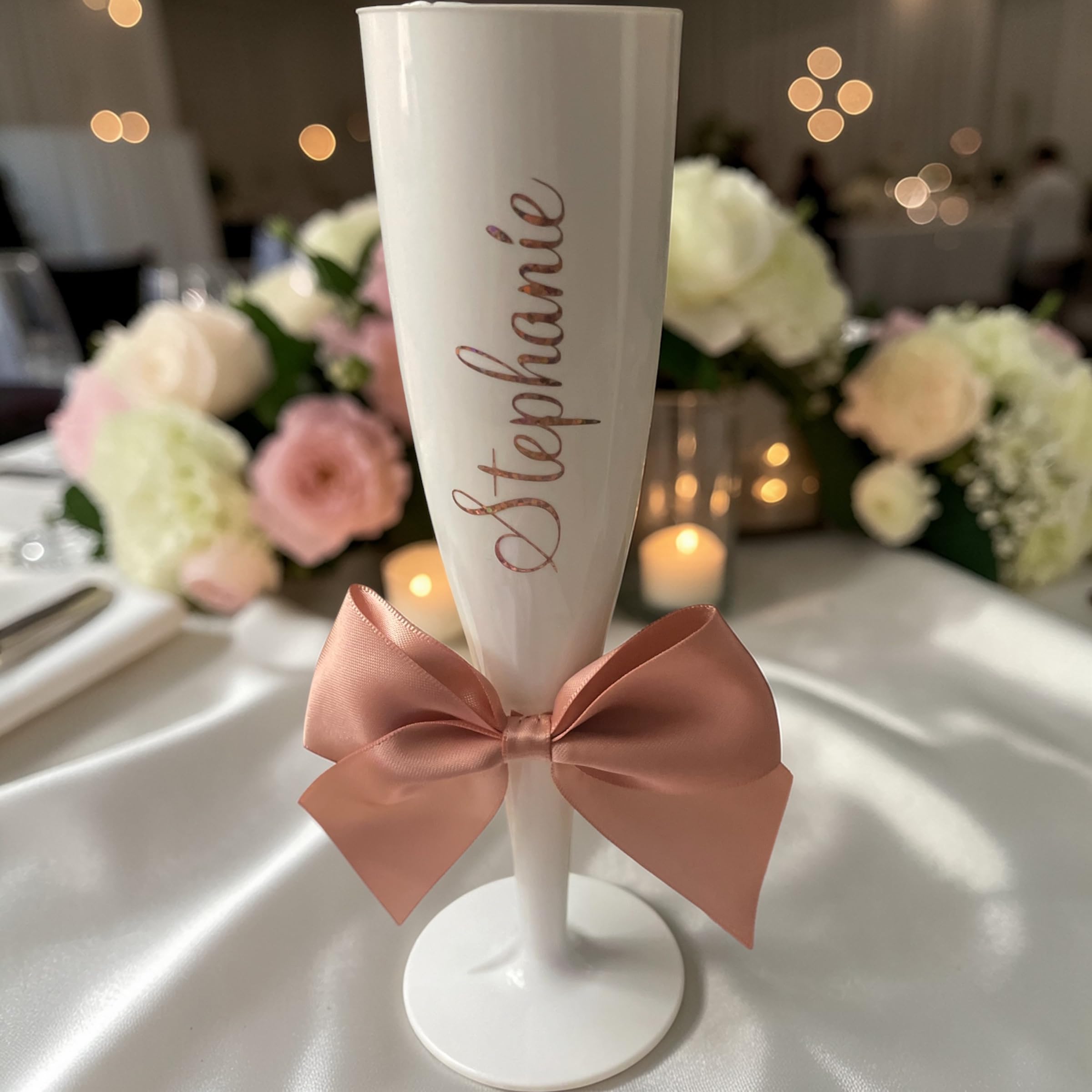 Personalised Champagne Flute with Rose Gold Writing and Bow, Wedding, Birthday, Prom