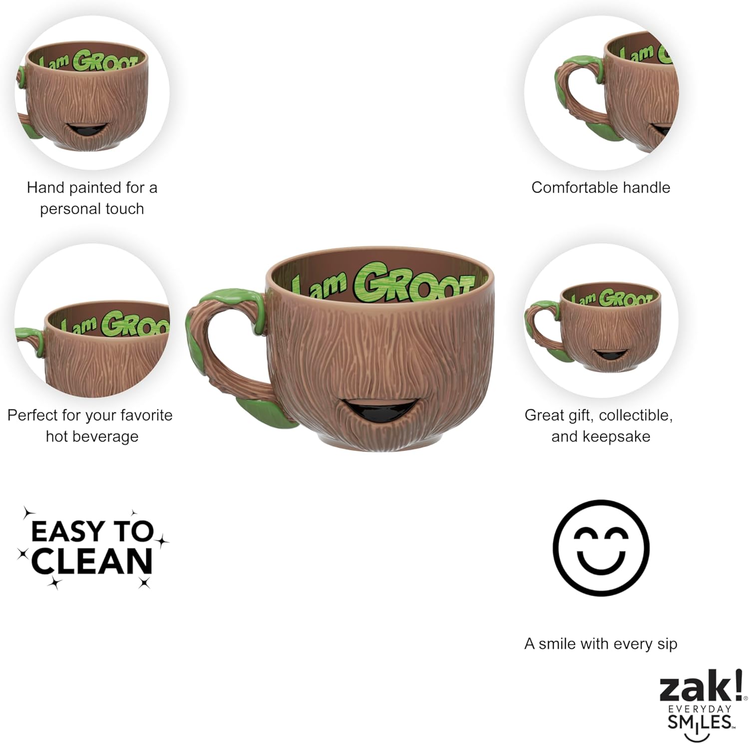 Zak Designs Marvel Guardians of the Galaxy Sculpted Ceramic Coffee Mug for Hot Drinks, Collectible Keepsake with Unique 3D Character (16.5 oz, Groot) - Image 6