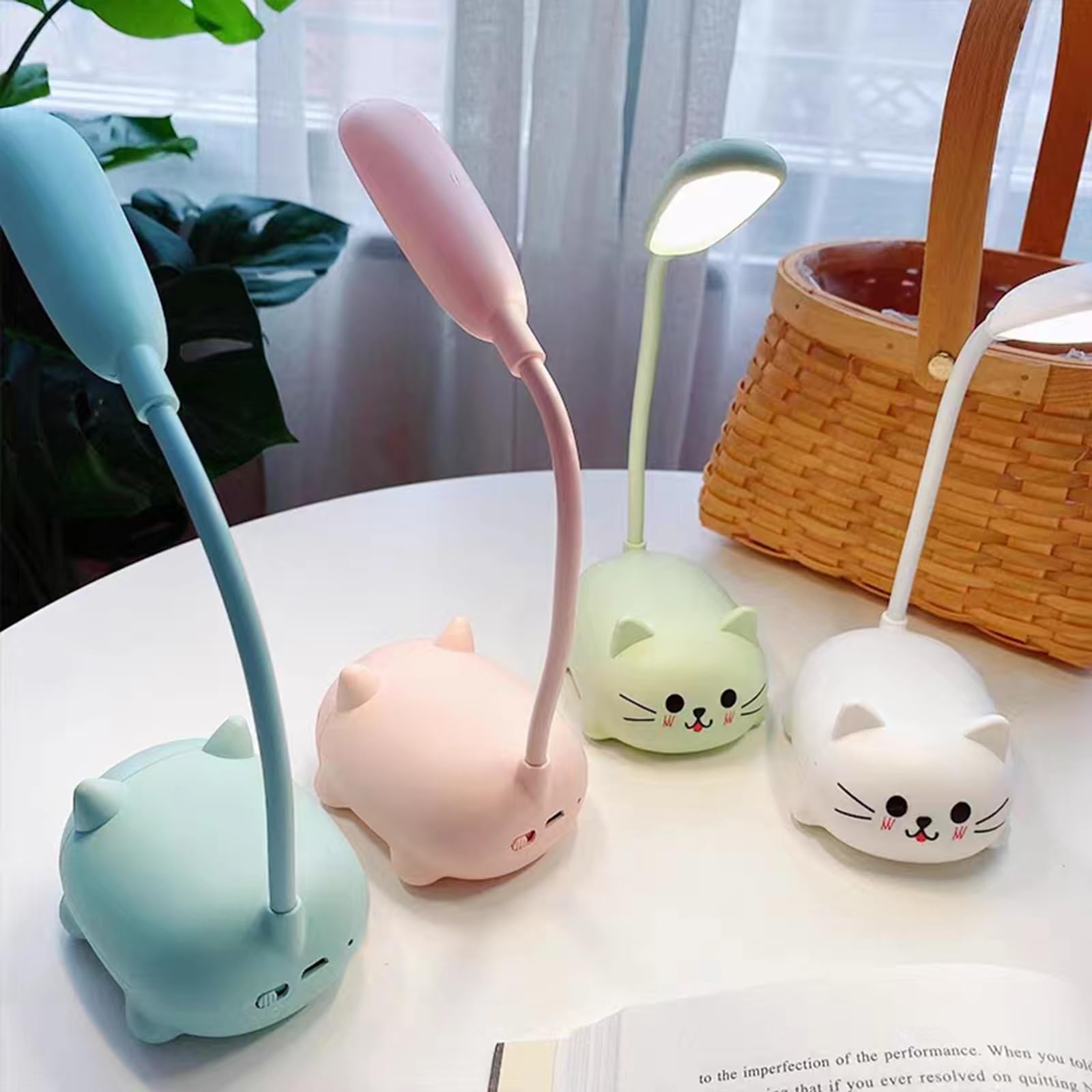 Neioaas Lámpara de escritorio LED para niños, bonita lámpara de gato recargable por USB, luz de mesa LED portátil, cuello de cisne flexible, dibujos animados, pequeña lámpara de escritorio para niñas