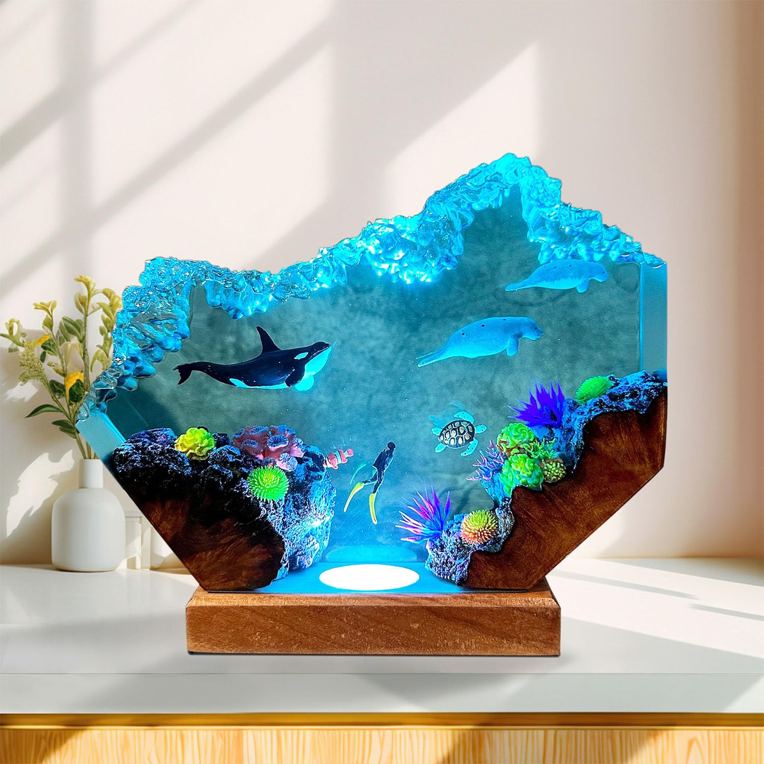 Lampy z żywicy, unikalna dekoracyjna lampka nocna oceaniczna z kolorową podstawą świetlną do domowego biura i sypialni, dekoracja biurka do nurkowania głębinowego, artystyczna ozdoba