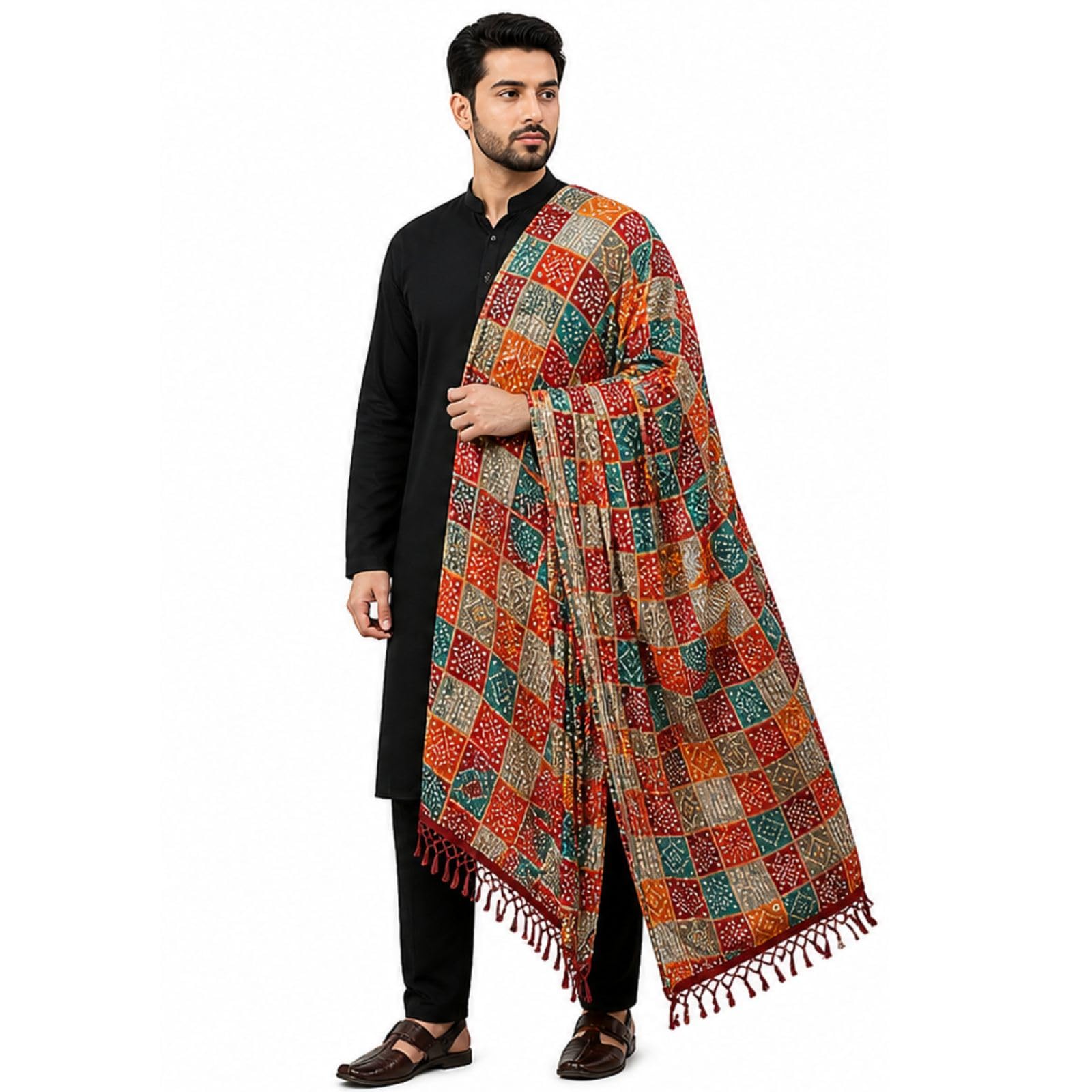 Trendify Hub Mens Bandhani Print Cotton Blend Dupatta 2.20 Meter Soft Chiffon Style Tassel Border Traditional Ethnic Scarf Long Decorative Drape Accessory Lightweight Patterned Fabric (Multicolor)-picture-18