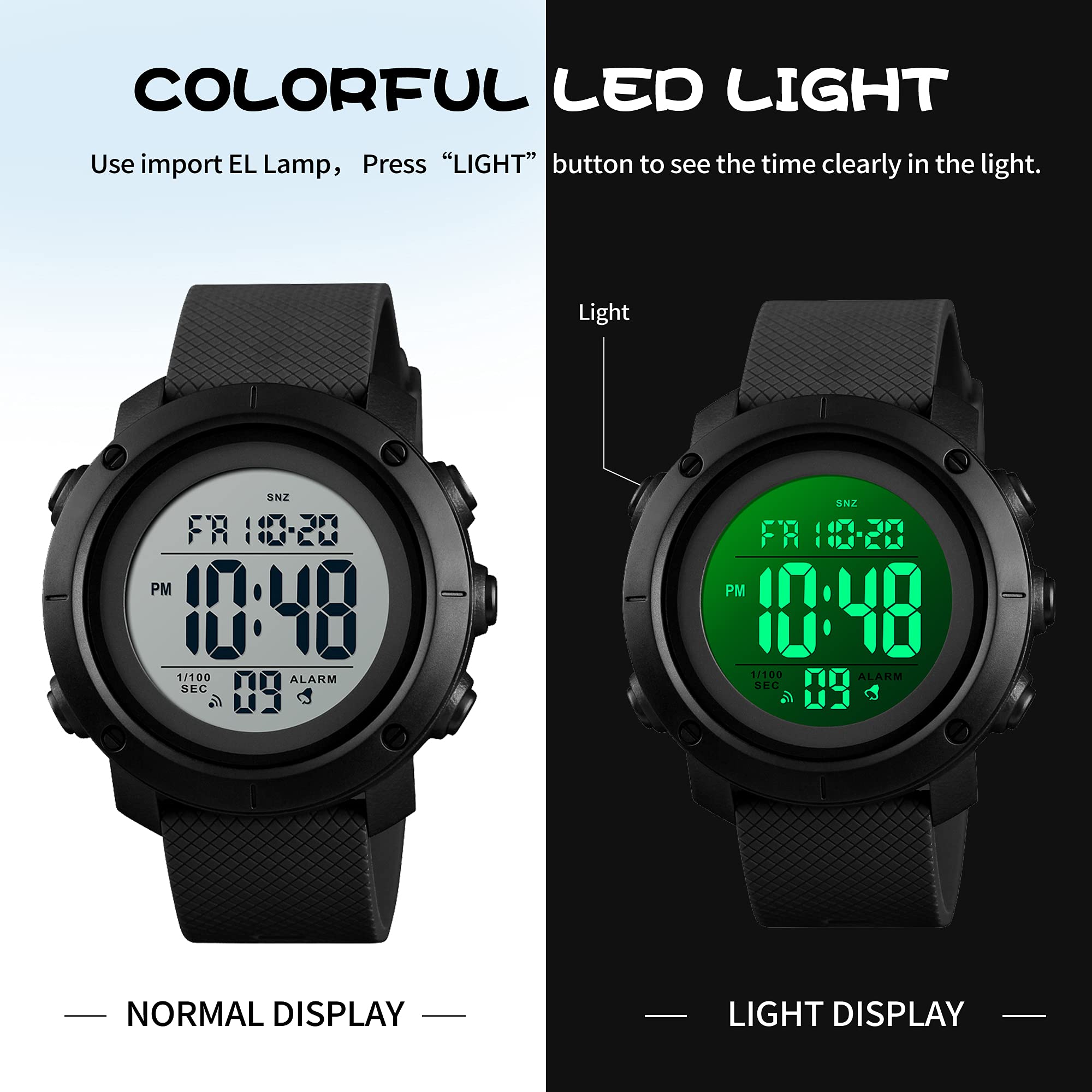 findtime Men's Digital Sports Watch Stopwatch Alarm Waterproof Wrist Watches for Men LED Tactical Dual Time Zone Display Electronic Outdoor Watch