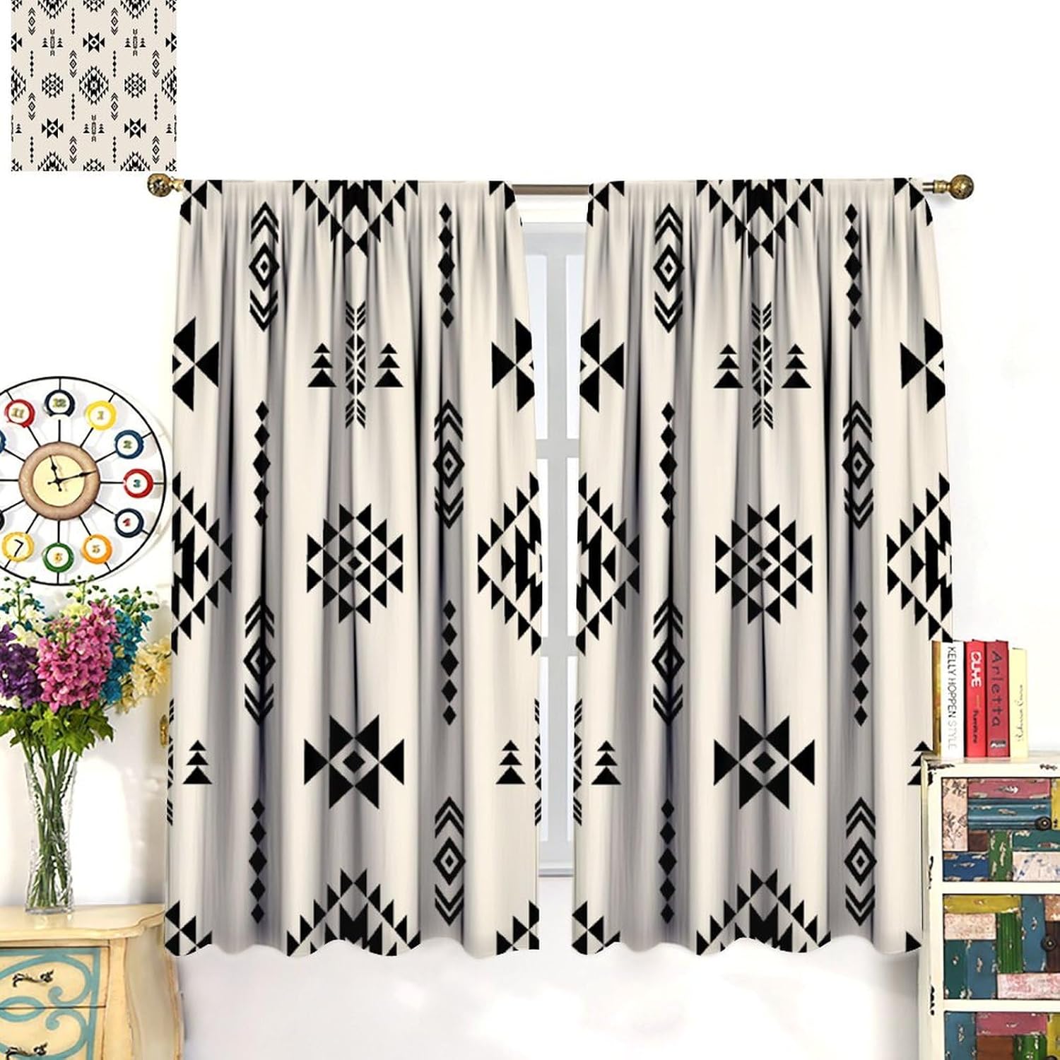 Tribal Geometric Pattern Curtains,Traditional Southwestern Style Aztec Window Treatments for Bedroom Living Room,Minimalist Style Native American Drapes,2 Panels Set,Total Size 42 x 45 Inch - Image 3