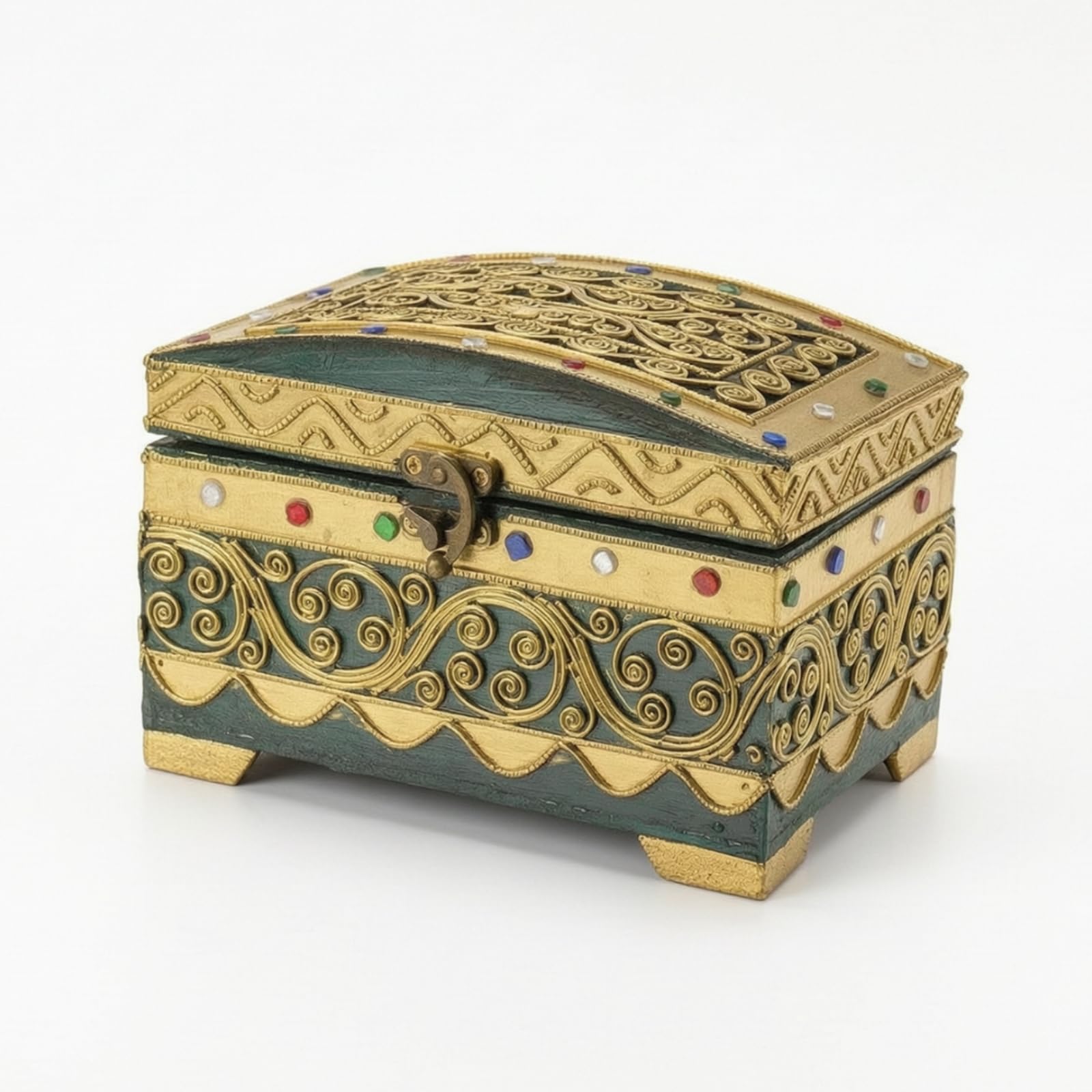 Boîte rangement en teck artisanal et coffret bijoux bois vert compact