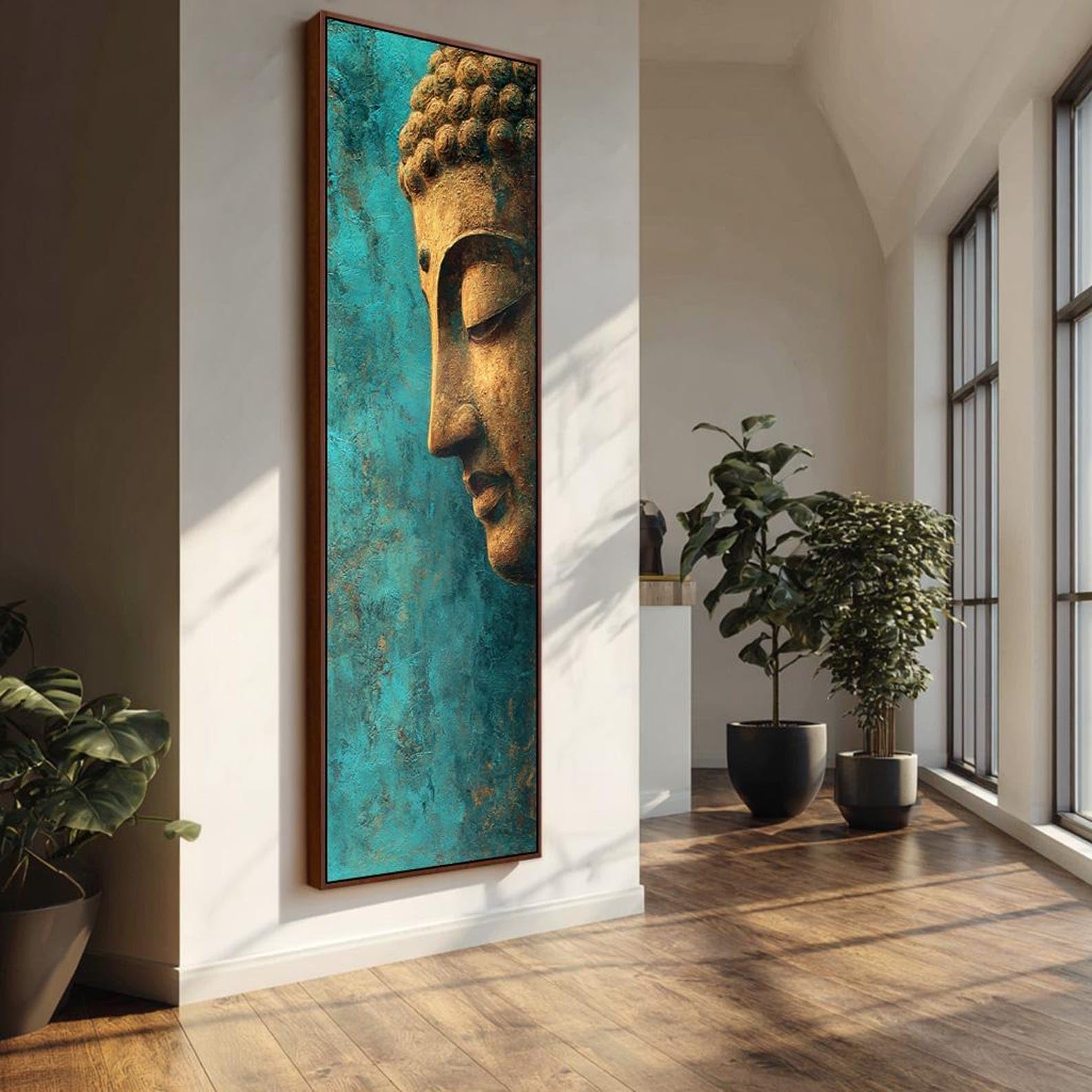 XINBAO Druk na płótnie ciemny Budda, pionowa dekoracja Zen, duchowy portret Buddy, płótno malarskie, Budda Wall Art Canvas (20x60cm/rama wewnętrzna)