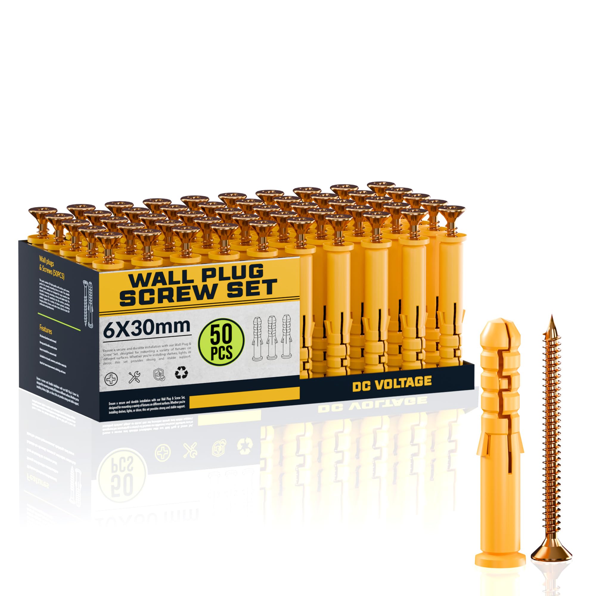 DC VOLTAGE 50 Pcs Wall Plugs and Screws Set 6mmx 30mm Concrete Fixings Screws and Wall Expansion Anchors Plugs Kit Wall Hanging Mounting TV Mount Drywall Self Tapping Screw Wall Plug