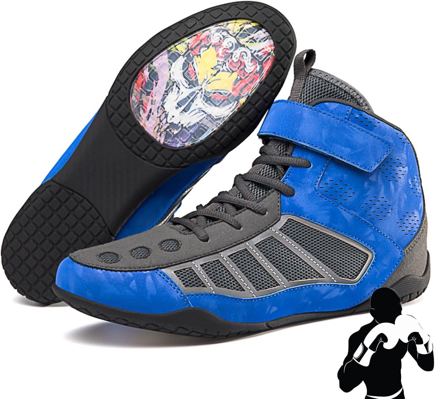 NYKJBD Professional Men's Boxing Shoes Non-Slip Wrestling Shoes, Sparring Boxers Trainers Shoes, Ankle Guard Squat Shoes Lightweight Bodybuilding Weightlifting MMA Shoes,Blue-9