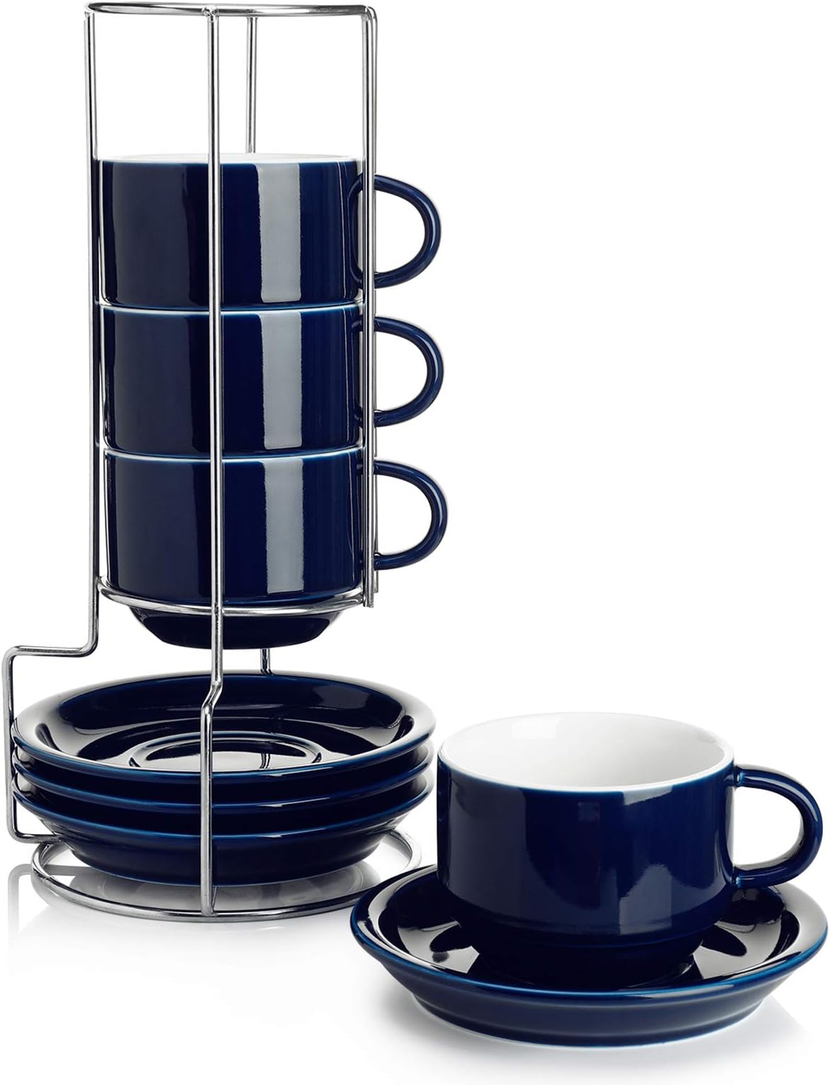 Sweese 406.103 Porcelain Stackable Cappuccino Cups with Saucers and Metal Stand - 8 Ounce for Specialty Coffee Drinks, Cappuccino, Latte, Americano and Tea - Set of 4, Navy