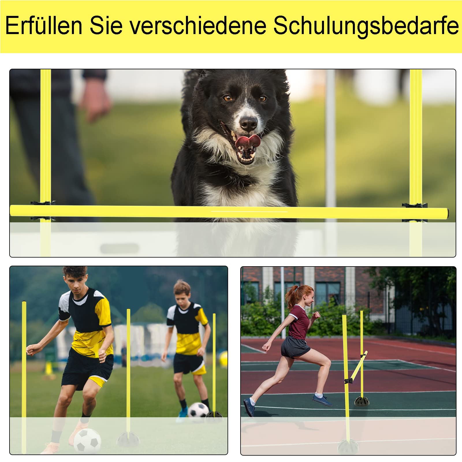 XMTECH Agility Sprungstangen-Set Hürdenset, Trainingsstangen Hindernisse Koordinationshürden für Konditionelles Sprungkraft Dribbling - Gelb (15 Stangen - 100cm, 10X Standfüße, 10 Clips)