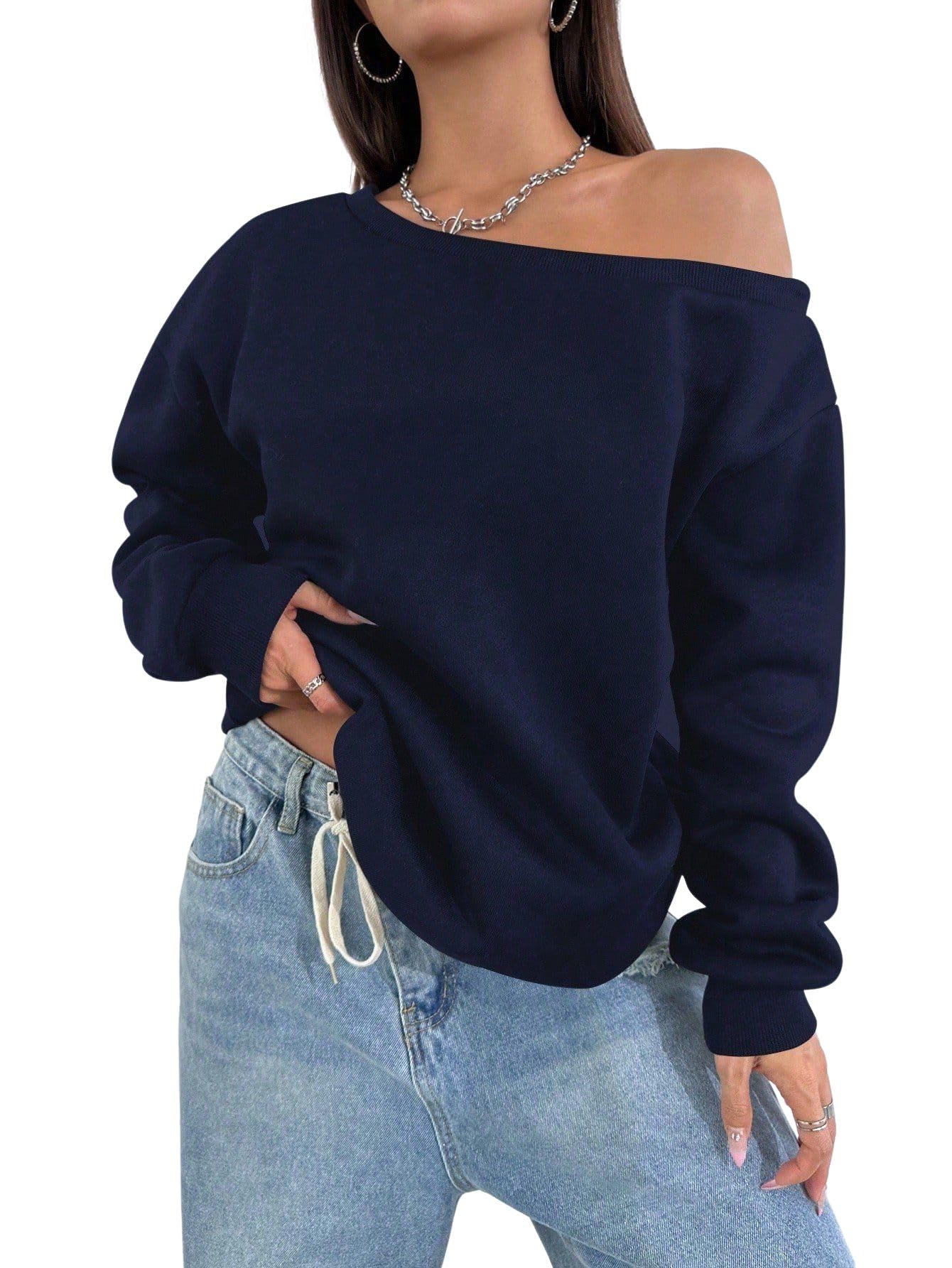 sxv style Women's Casual Everyday Solid Color Asymmetrical Neck Loose Pullover Sweatshirt-picture-23