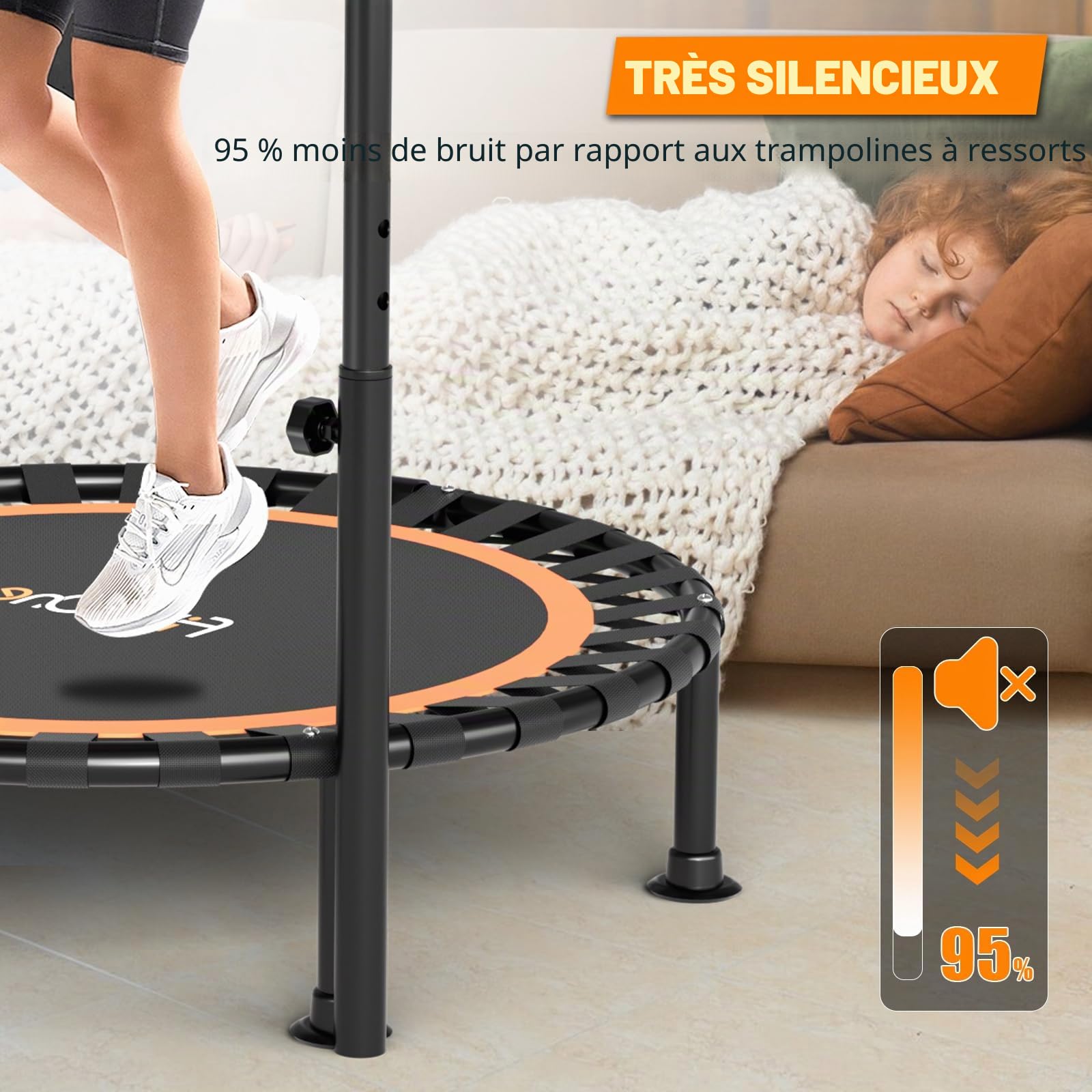 FitinOne Mini Trampoline Pliable de Charge de 204 kg, Trampoline d'exercice Portable avec poignée en Mousse réglable, Trampoline de Fitness pour Adultes et Enfants