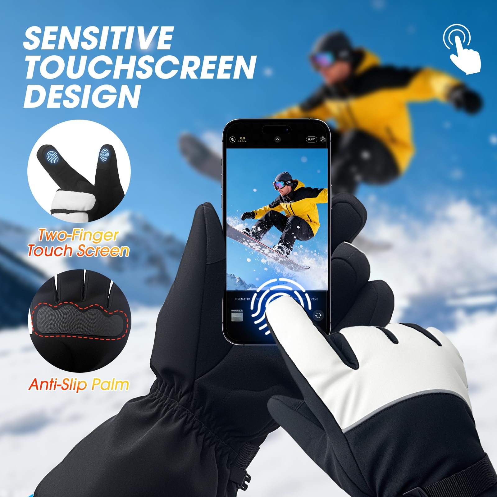 Heated Gloves for Men Women, Upgraded 8000mAH Rechargeable Heated Winter Gloves with Touchscreen, Non-Slip Waterproof Electric Heating Ski Gloves for Winter Outdoor Skiing Snowboarding Sports Work