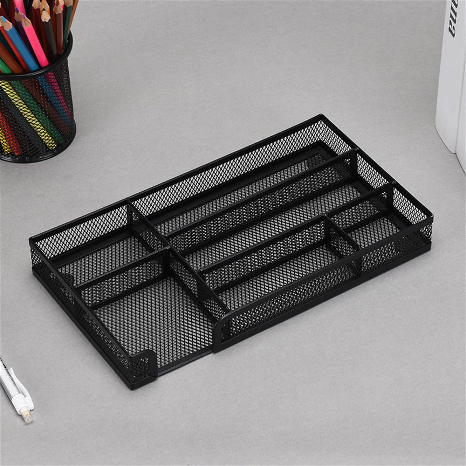 Scrivania in rete metallica nera con 6 scomparti, portapenne versatile per forniture per ufficio, trucchi, accessori da cucina e cancelleria