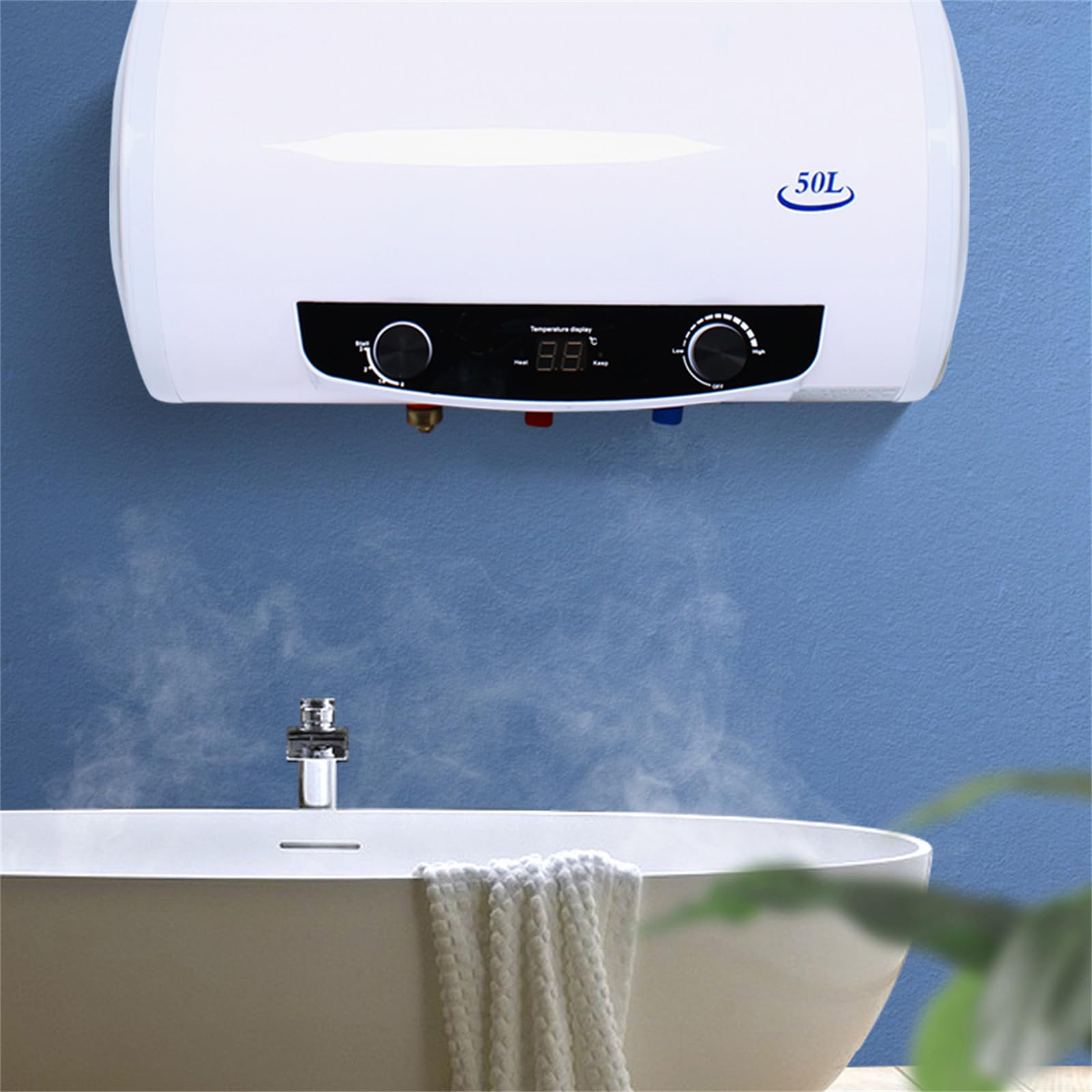 Scaldabagno elettrico orizzontale da 50 l, scaldabagno elettrico, scaldabagno elettrico, serbatoio per acqua calda, termostato a 30 – 75 °C, bianco