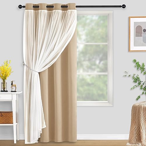 Kinryb Cortinas opacas con superposición transparente, diseño de dos capas, aislamiento térmico y protección de privacidad, cortinas para sala de