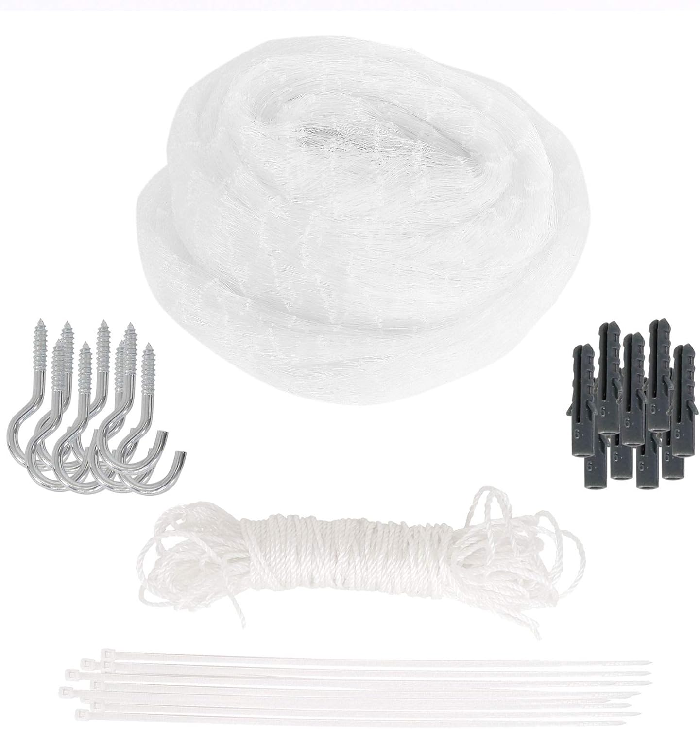 Image showing the complete package contents: rolled-up transparent net, a coil of rope, several wall plugs, several hook screws, and a bundle of white cable ties.