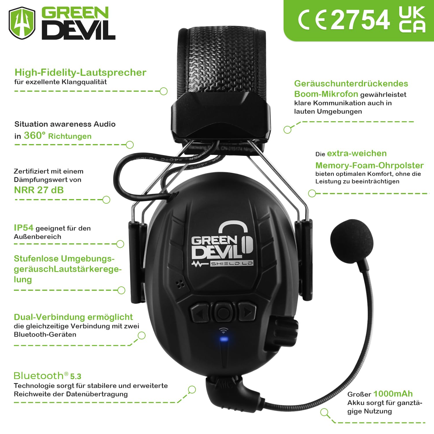 GREEN DEVIL Shield LD Aktiver Gehörschutz - elektronischer Gehörschützer mit Bluetooth 5.3 Technologie Integriertes Mikrofon EN352-konforme SNR 32dB für Mähen und Lärmintensive