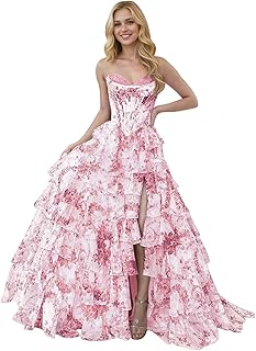 Corset Floral Tiered Prom Dresses for Women 2025 Strapless Long Ruffle Formal Evening Gowns with Slit - Buy now