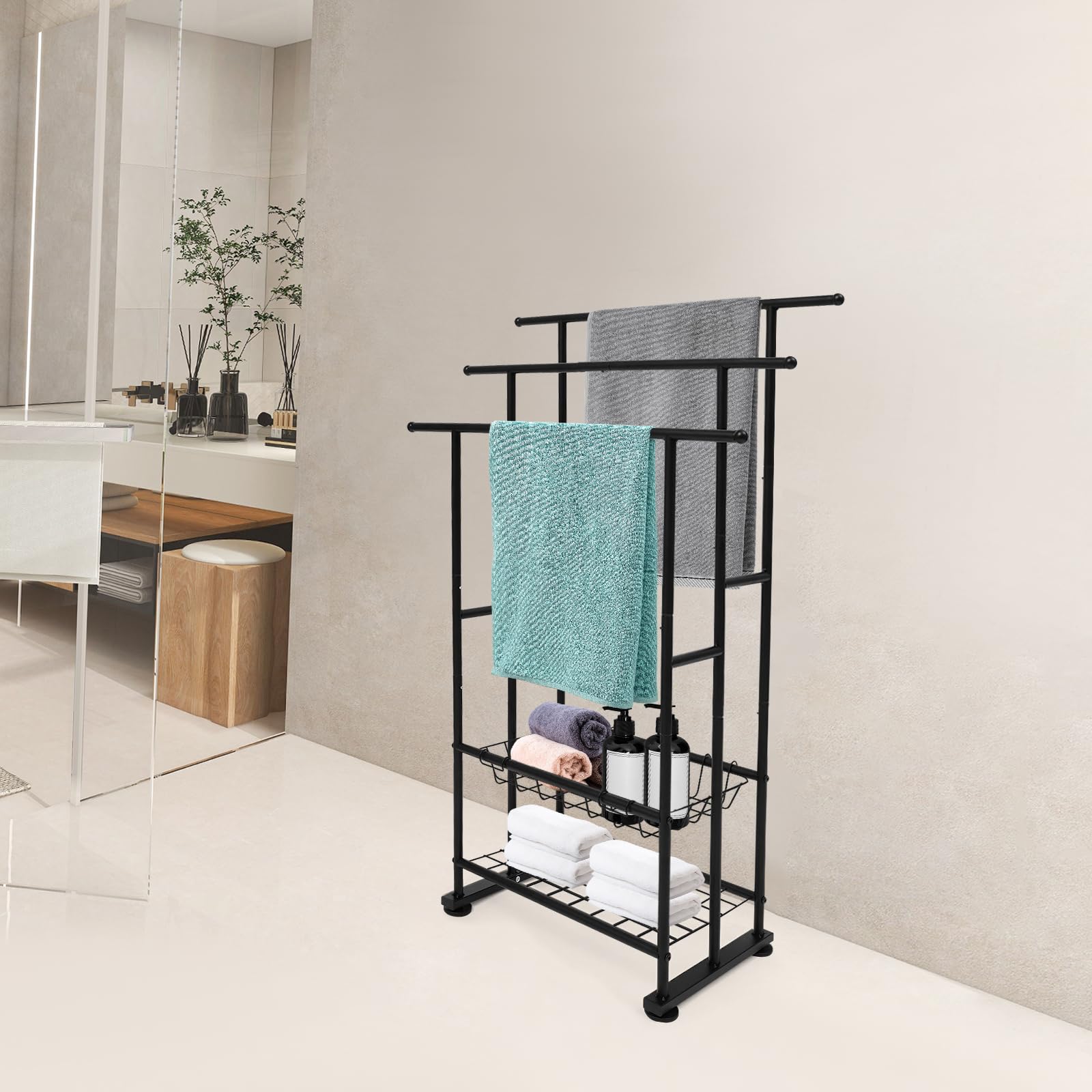 Porte-serviettes debout noir avec 3 porte-serviettes et 2 étagères en fer pour chambre à coucher, salle de bain, salon