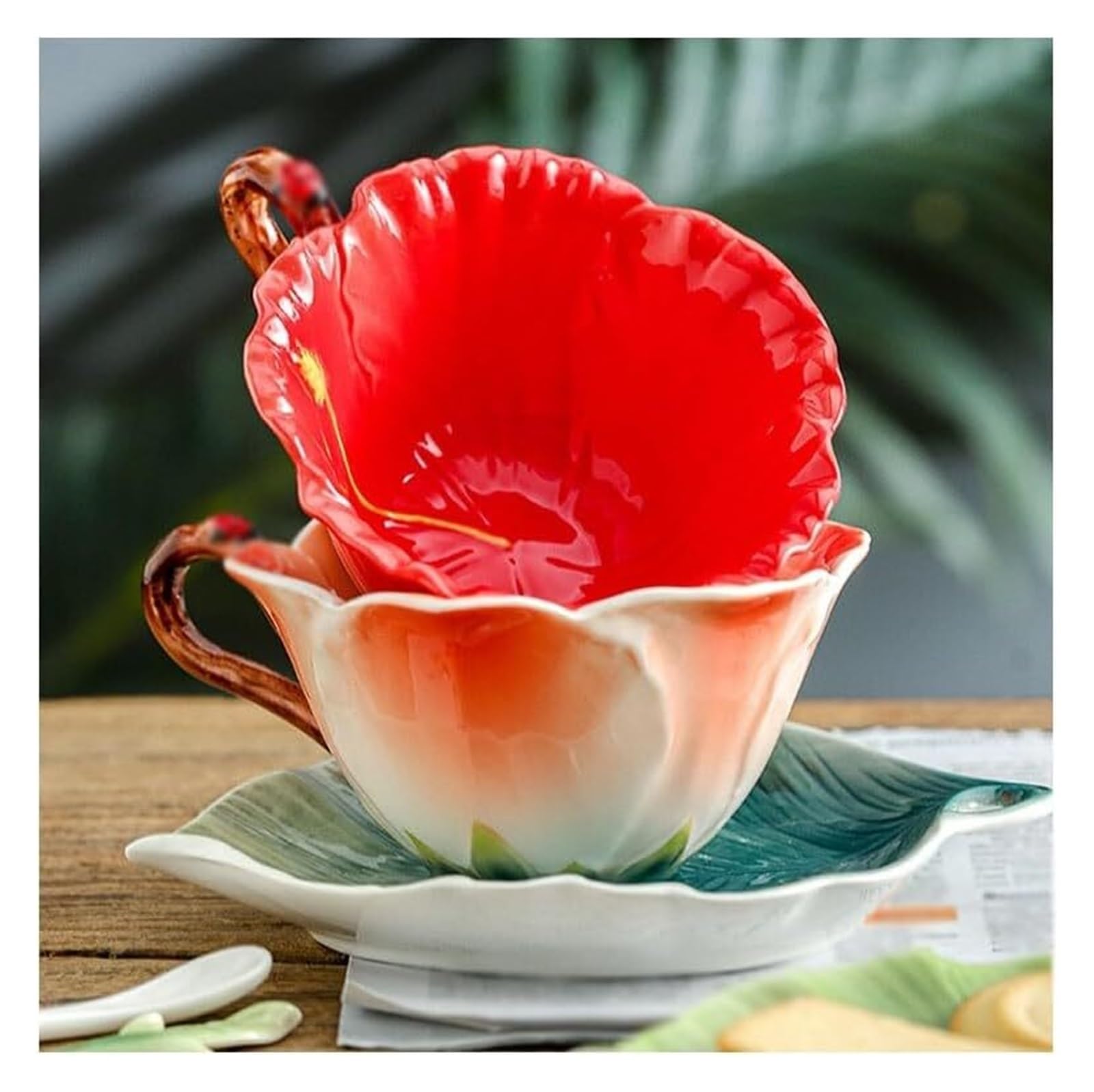Zestaw ceramicznych filiżanek i spodków do kawy | Wielokolorowy zestaw ceramicznych filiżanek do popołudniowej herbaty(Pink)