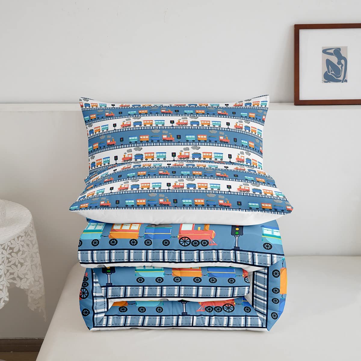 Erosebridal Cartoon Train Bedding Set Twin for Boys Cute Truck Comforter Set Car Themed Bedding Sets & Collections Kawaii Steam Engine Duvet Insert Blue Clouds Print Quilted Comforter for Kids Bedroom