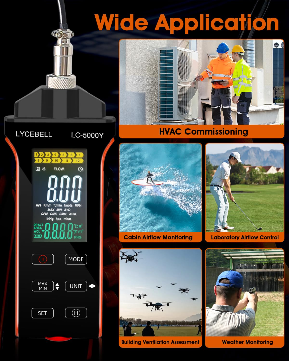 5000Y Hitzdraht-Anemometer Professionelles Windmesser Windmessgerät zur Messung von Luftgeschwindigkeit, Lufttemperatur und Volumenstrom (CFM/CMM) mit Thermischem Sensor für HVAC Industrie