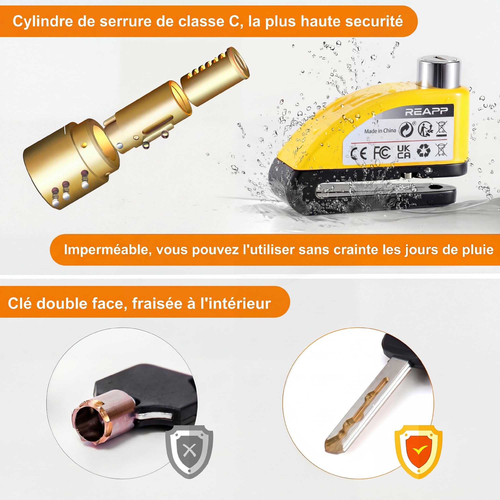 REAPP Antivol Moto Renforcé, Bloque Disque Alarme 110dB, Piles de rechange | Antivol Essentiel, Étanche, Bloc Disque Haute Sécurité, Câble de Rappel 1,5 m et Sac, Compatible Moto/Vélo/Scooter à disque