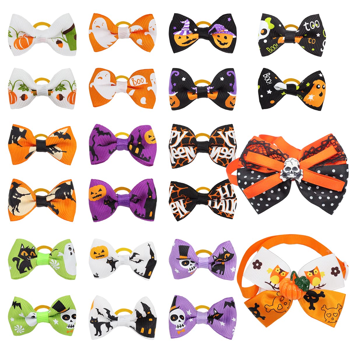 WONDERPUP 22 Pieces Halloween Dog Hair Bows Halloween Pet Collar Dog Topknot Bows with Rubber Bands Pumpkin Ghost Handmade Hair Accessories with Adjustable Collar