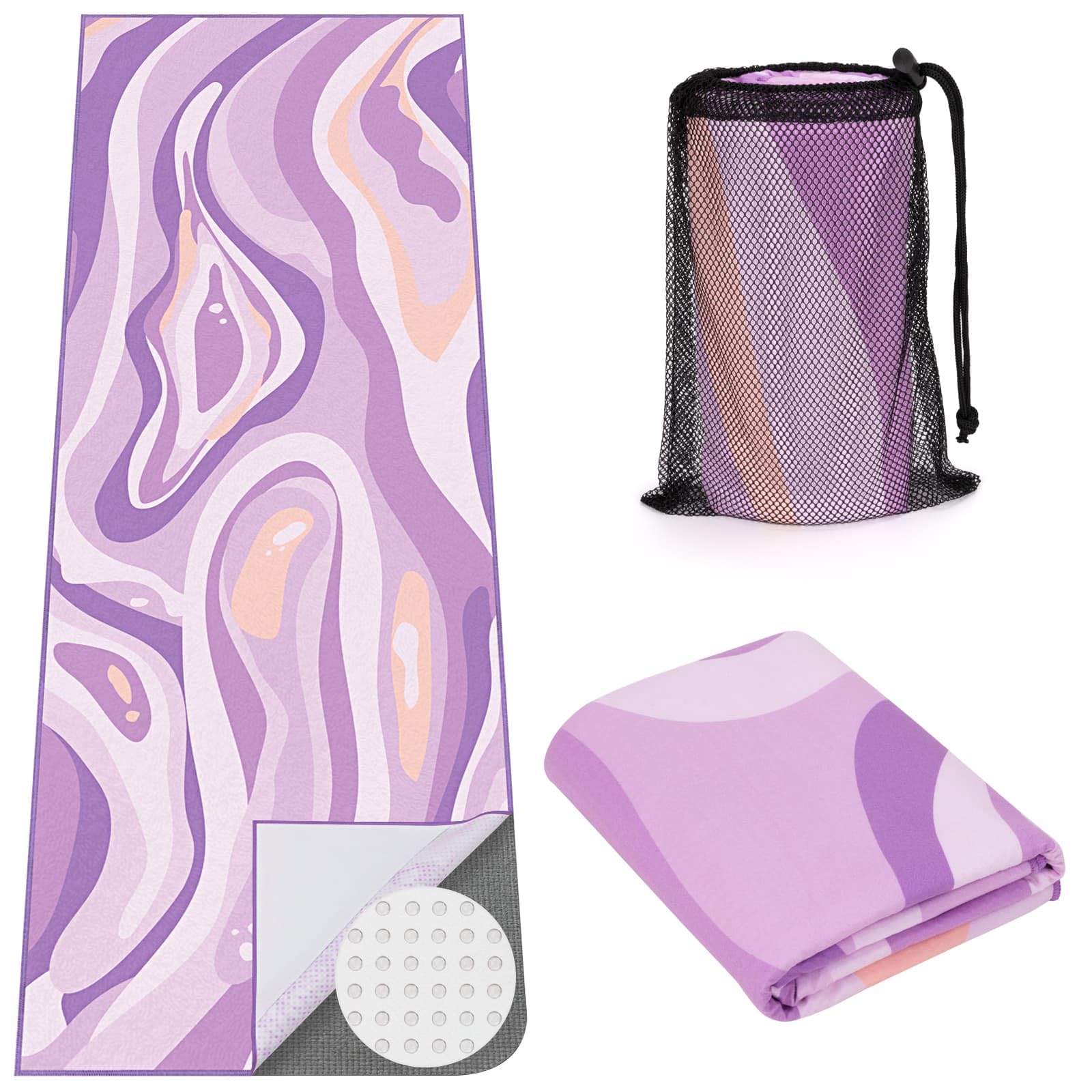 Asciugamano Microfibra per Tappetino Yoga Antiscivolo per Hot Yoga con Grandi Tasche Angolari, 188 × 66 cm, Viola