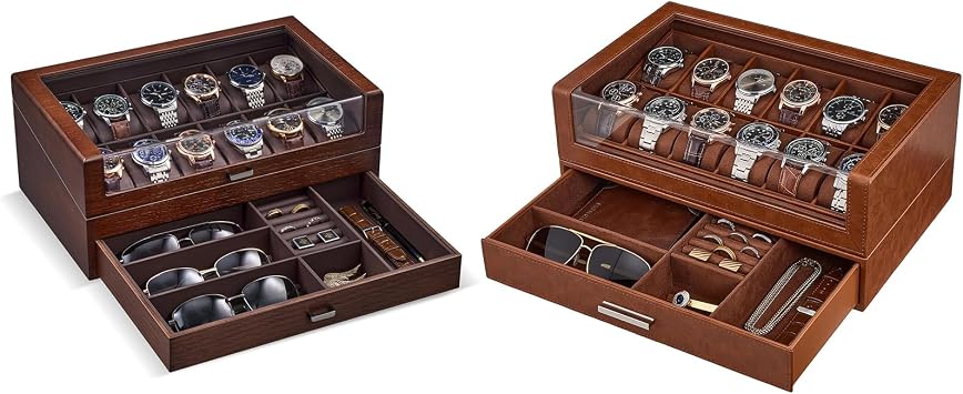 ProCase Walnut Wooden 12 Slot Watch Box and Brown 12 Slots Watch Box Bundle, Wood Watch Display Case with Drawer, Large Capacity Organizer with Clear Acrylic Top