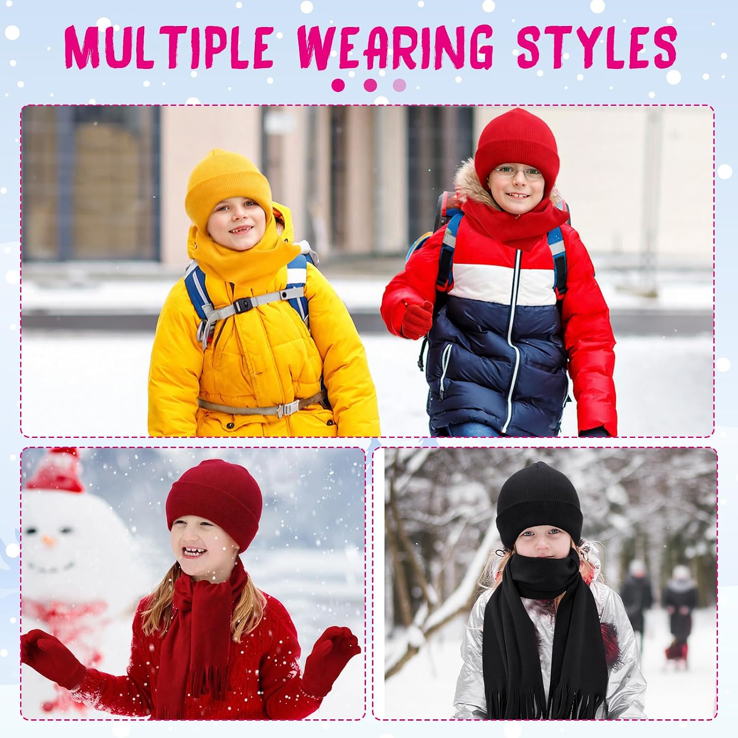 JaGely Kids Beanies Gloves Scarf Winter Set Colorful Knit Gloves Scarves for Boys Girls Homeless Warm Gift