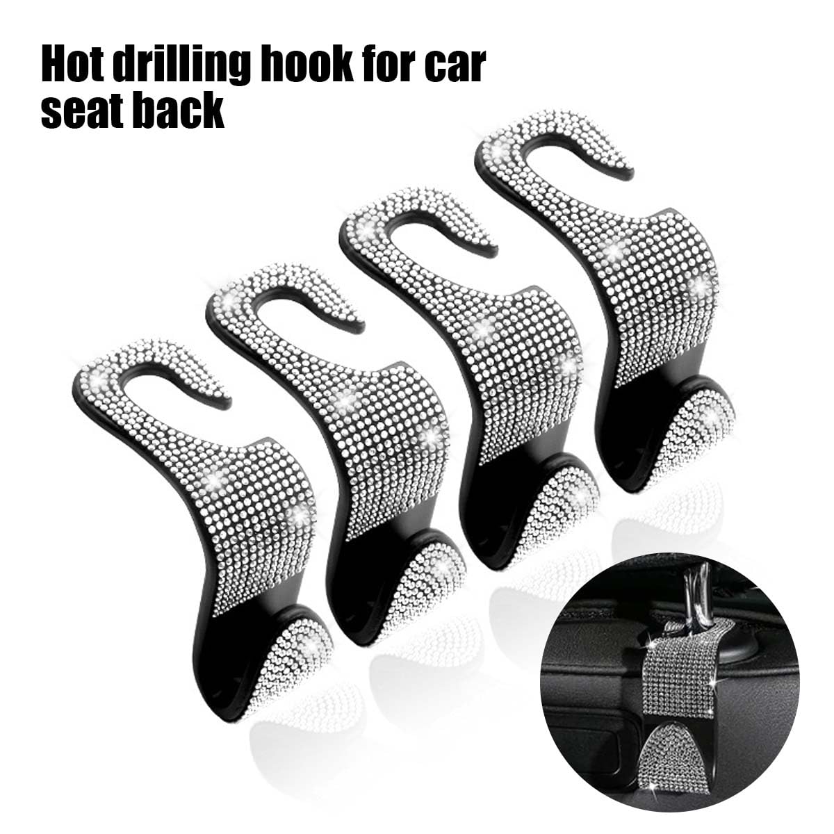 LAINLOY Lot de 4 crochets pour appuie-tête de voiture avec strass en cristal pour sac à main, accessoires d'intérieur universels pour SUV, voiture, camion (blanc)