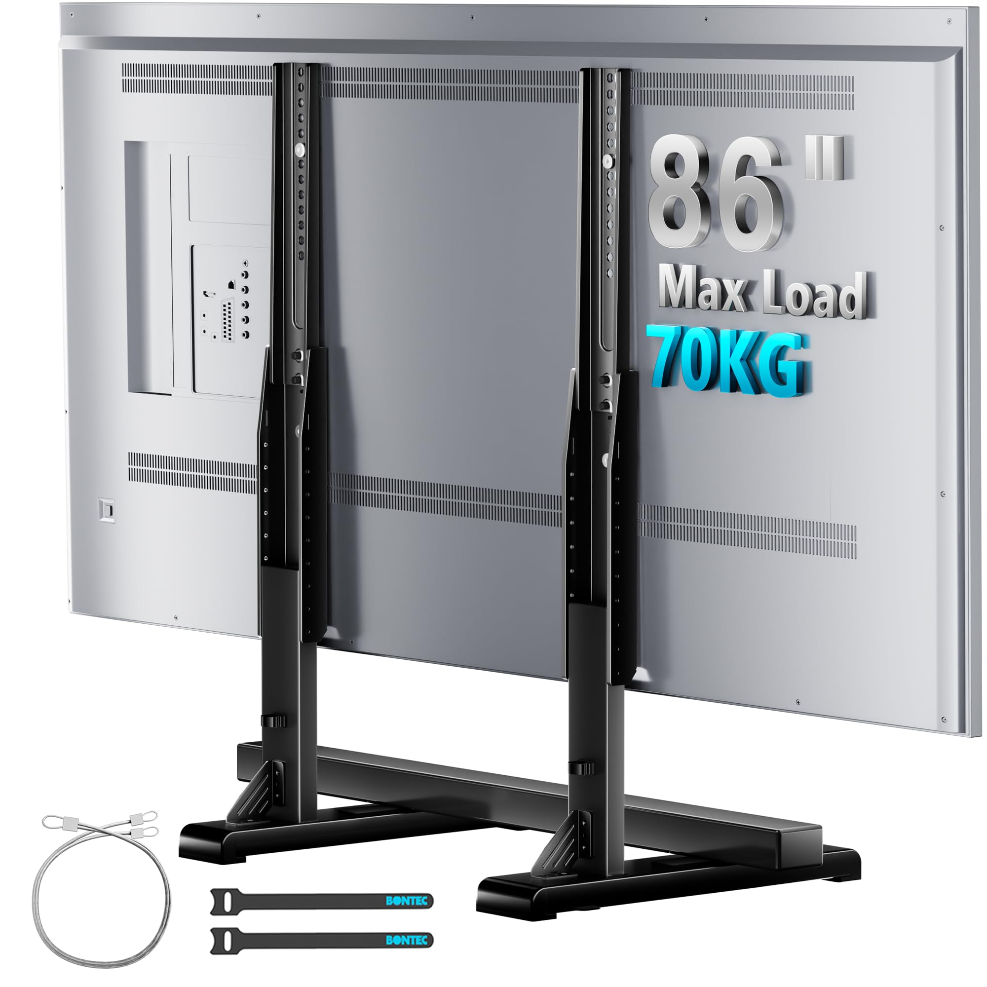 BONTEC Supporto TV Universale da Tavolo e Pavimento 24-86 Pollici | 70 kg, VESA 100x100-800x600 mm, 7 Altezze, Cinghia Antiribaltamento, Piedi Nascosti