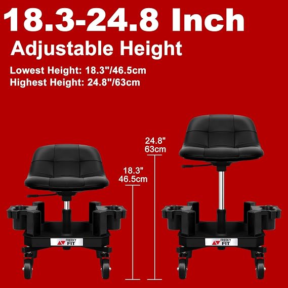 Rolling Stool with Wheels, Adjustable Shop Stool Mechanic Seat, Garage Shop Roller Work Chair, Mobile Rolling Seat with Tool Tray, 2 Cup Holders, 4