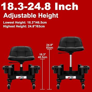 Rolling Stool with Wheels, Adjustable Shop Stool Mechanic Seat, Garage Shop Roller Work Chair, Mobile Rolling Seat with Tool Tray, 2 Cup Holders, 4