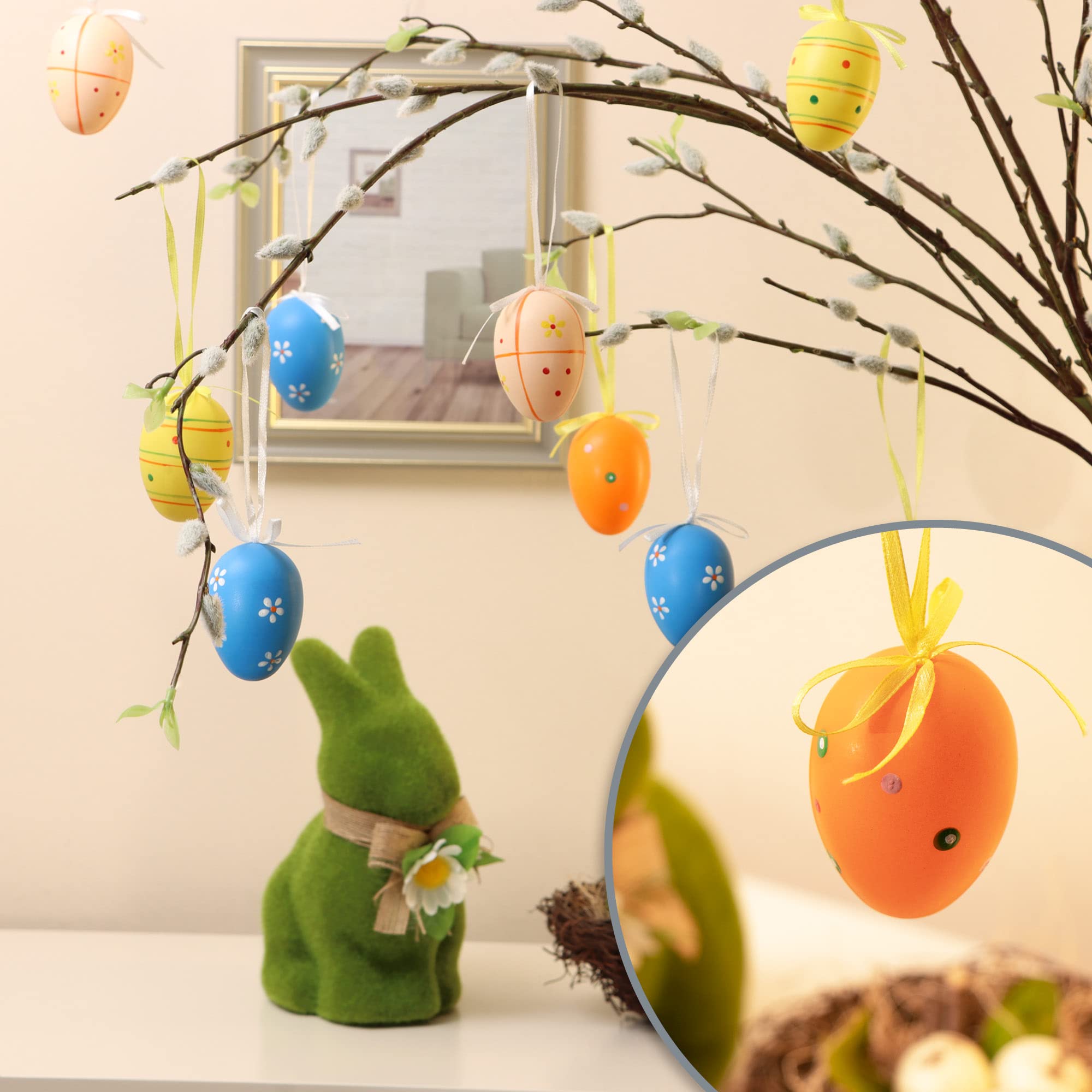 24 Uova Di Pasqua Appese Color Pastello 6x4 Cm - Decorazioni In Plastica Per Albero, Cesti, Centrotavola