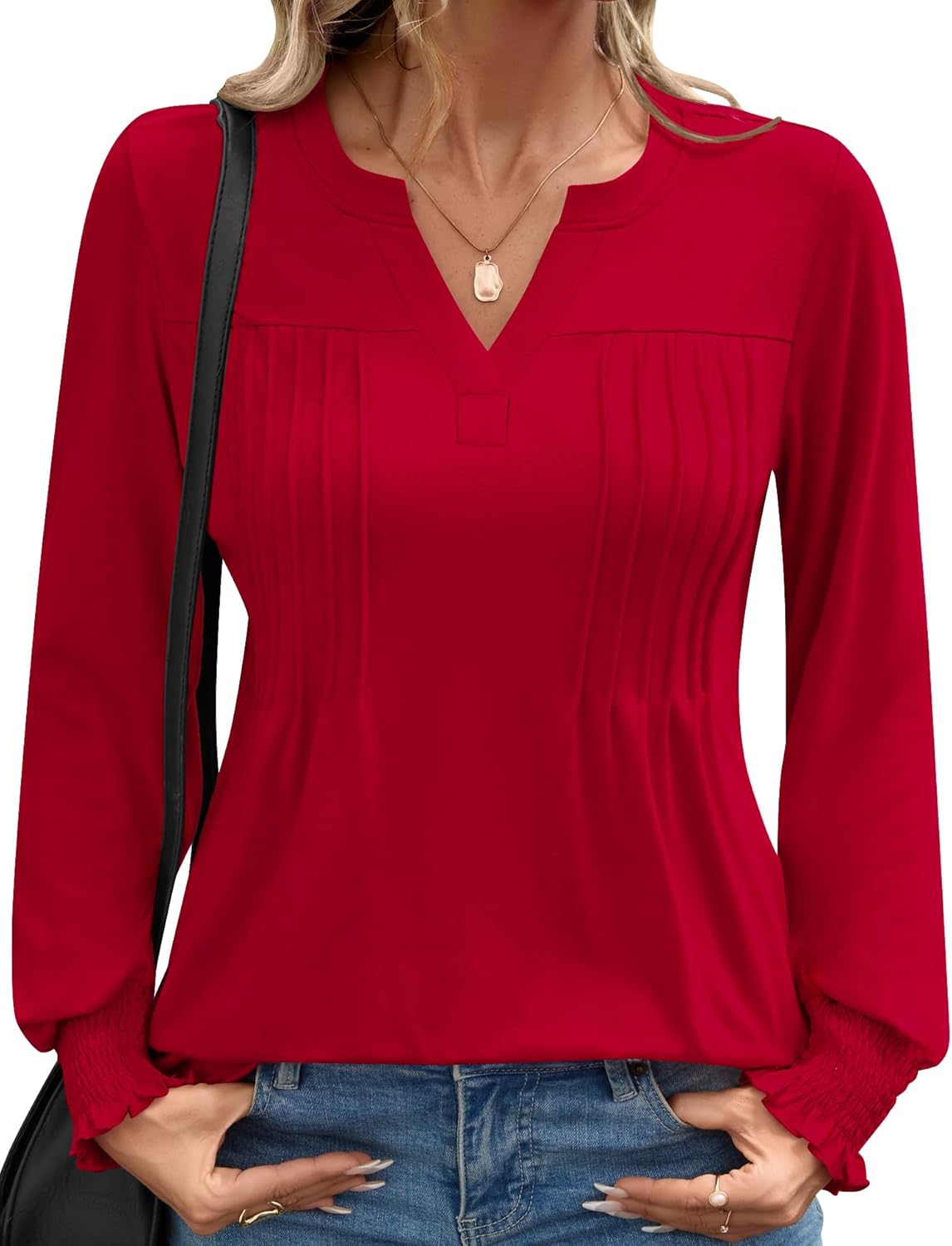 Ivicoer Long Sleeve Shirts for Women V Neck Pleated Blouses for Women Dressy Casual Fall Ladies Top 2025 - Image 2